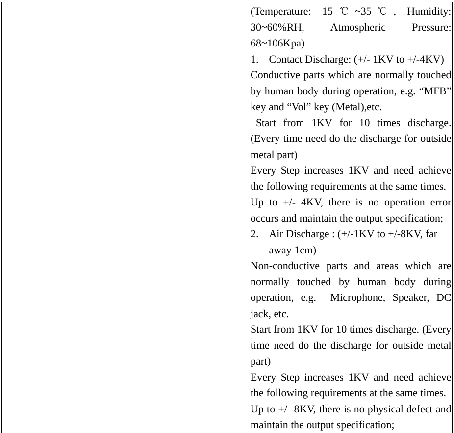  (Temperature: 15 ℃~35 ℃, Humidity: 30~60%RH, Atmospheric Pressure: 68~106Kpa) 1. Contact Discharge: (+/- 1KV to +/-4KV)Conductive parts which are normally touched by human body during operation, e.g. &ldquo;MFB&rdquo;key and &ldquo;Vol&rdquo; key (Metal),etc. Start from 1KV for 10 times discharge. (Every time need do the discharge for outside metal part)   Every Step increases 1KV and need achieve the following requirements at the same times. Up to +/- 4KV, there is no operation error occurs and maintain the output specification;2. Air Discharge : (+/-1KV to +/-8KV, far away 1cm) Non-conductive parts and areas which are normally touched by human body during operation, e.g.  Microphone, Speaker, DC jack, etc. Start from 1KV for 10 times discharge. (Every time need do the discharge for outside metal part)  Every Step increases 1KV and need achieve the following requirements at the same times.Up to +/- 8KV, there is no physical defect and maintain the output specification;  