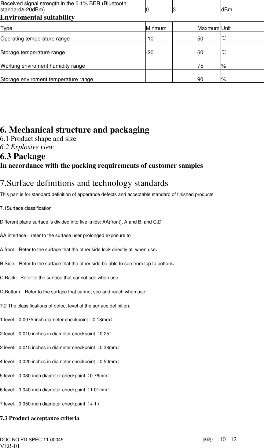                      DOC NO:PD-SPEC-11-00045                                                                                                        页码：- 10 - 12  VER-01  Received signal strength in the 0.1% BER (Bluetooth standard&ge;-20dBm)  0  3    dBm Enviromental suitability Type  Minmum    Maxmum Unit Operating temperature range  -10    50  ℃ Storage temperature range  -20    60  ℃ Working enviroment humidity range      75  % Storage enviroment temperature range      90  %     6. Mechanical structure and packaging 6.1 Product shape and size 6.2 Explosive view 6.3 Package  In accordance with the packing requirements of customer samples  7.Surface definitions and technology standards This part is for standard definition of apperance defects and acceptable standard of finished products 7.1Surface classification Different plane surface is divided into five knids: AA(front), A and B, and C,D AA.interface：refer to the surface user prolonged exposure to  A.front：Refer to the surface that the other side look directly at  when use， B.Side：Refer to the surface that the other side be able to see from top to bottom， C.Back：Refer to the surface that cannot see when use. D,Bottom：Refer to the surface that cannot see and reach when use. 7.2 The classifications of defect level of the surface definition. 1 level：0.0075-inch diameter checkpoint（0.18mm） 2 level：0.010 inches in diameter checkpoint（0.25） 3 level：0.015 inches in diameter checkpoint（0.38mm） 4 level：0.020 inches in diameter checkpoint（0.50mm） 5 level：0.030-inch diameter checkpoint（0.76mm） 6 level：0.040-inch diameter checkpoint（1.01mm） 7 level：0.050-inch diameter checkpoint（+ 1） 7.3 Product acceptance criteria 
