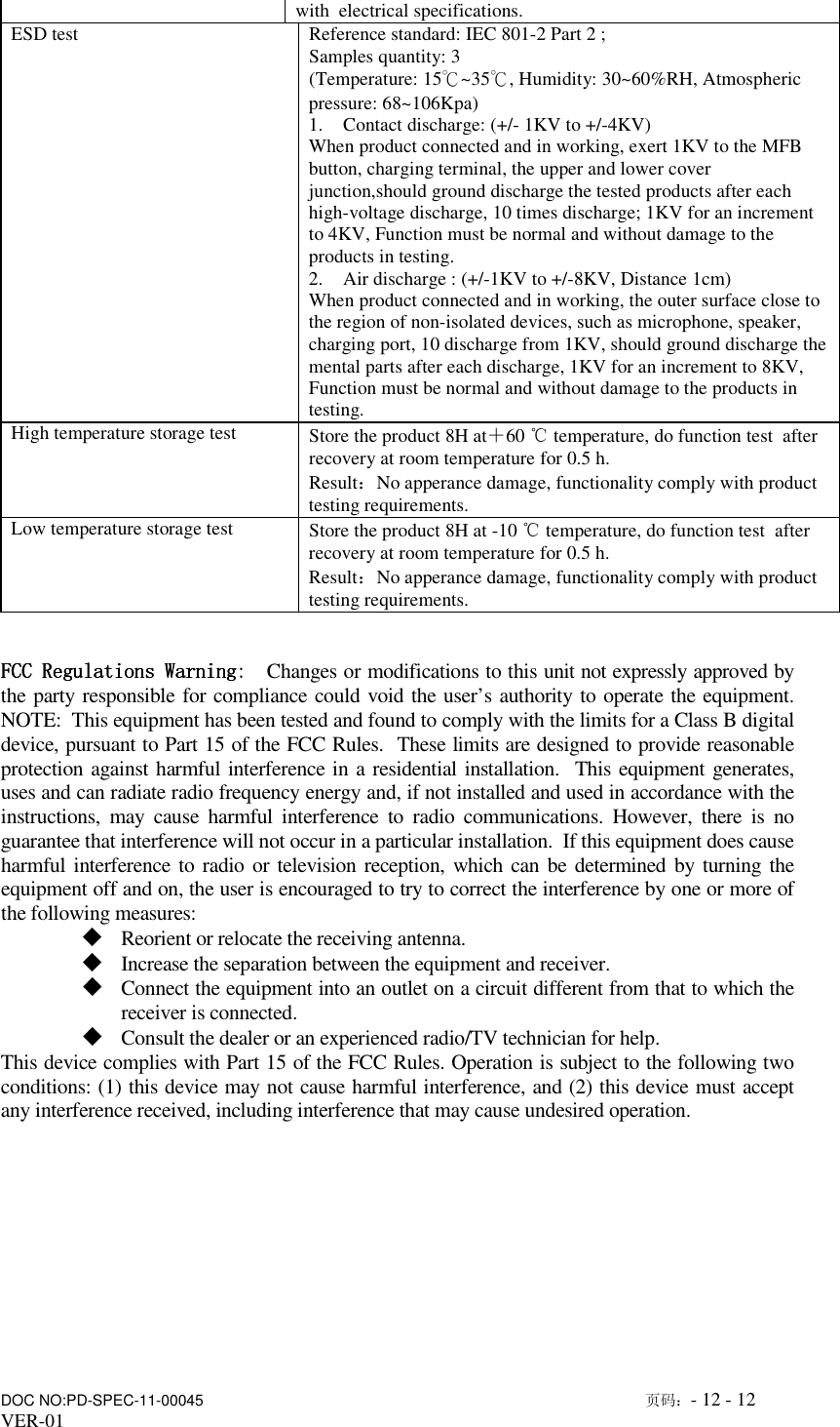                      DOC NO:PD-SPEC-11-00045                                                                                                        页码：- 12 - 12  VER-01  with  electrical specifications. ESD test              Reference standard: IEC 801-2 Part 2 ;  Samples quantity: 3  (Temperature: 15℃~35℃, Humidity: 30~60%RH, Atmospheric pressure: 68~106Kpa) 1. Contact discharge: (+/- 1KV to +/-4KV) When product connected and in working, exert 1KV to the MFB button, charging terminal, the upper and lower cover junction,should ground discharge the tested products after each high-voltage discharge, 10 times discharge; 1KV for an increment to 4KV, Function must be normal and without damage to the products in testing. 2. Air discharge : (+/-1KV to +/-8KV, Distance 1cm) When product connected and in working, the outer surface close to  the region of non-isolated devices, such as microphone, speaker, charging port, 10 discharge from 1KV, should ground discharge the mental parts after each discharge, 1KV for an increment to 8KV, Function must be normal and without damage to the products in testing. High temperature storage test  Store the product 8H at＋60 ℃ temperature, do function test  after recovery at room temperature for 0.5 h. Result：No apperance damage, functionality comply with product testing requirements. Low temperature storage test  Store the product 8H at -10 ℃ temperature, do function test  after recovery at room temperature for 0.5 h. Result：No apperance damage, functionality comply with product testing requirements.   FCC RegulationsFCC RegulationsFCC RegulationsFCC Regulations WarningWarningWarningWarning:  Changes or modifications to this unit not expressly approved by the party responsible for compliance could void the user&rsquo;s authority to operate the equipment. NOTE:  This equipment has been tested and found to comply with the limits for a Class B digital device, pursuant to Part 15 of the FCC Rules.  These limits are designed to provide reasonable protection against harmful interference in a residential installation.  This equipment generates, uses and can radiate radio frequency energy and, if not installed and used in accordance with the instructions,  may  cause  harmful  interference  to  radio  communications.  However,  there  is  no guarantee that interference will not occur in a particular installation.  If this equipment does cause harmful interference to  radio or television reception, which can  be determined by turning the equipment off and on, the user is encouraged to try to correct the interference by one or more of the following measures:  Reorient or relocate the receiving antenna.  Increase the separation between the equipment and receiver.  Connect the equipment into an outlet on a circuit different from that to which the receiver is connected.  Consult the dealer or an experienced radio/TV technician for help. This device complies with Part 15 of the FCC Rules. Operation is subject to the following two conditions: (1) this device may not cause harmful interference, and (2) this device must accept any interference received, including interference that may cause undesired operation.  