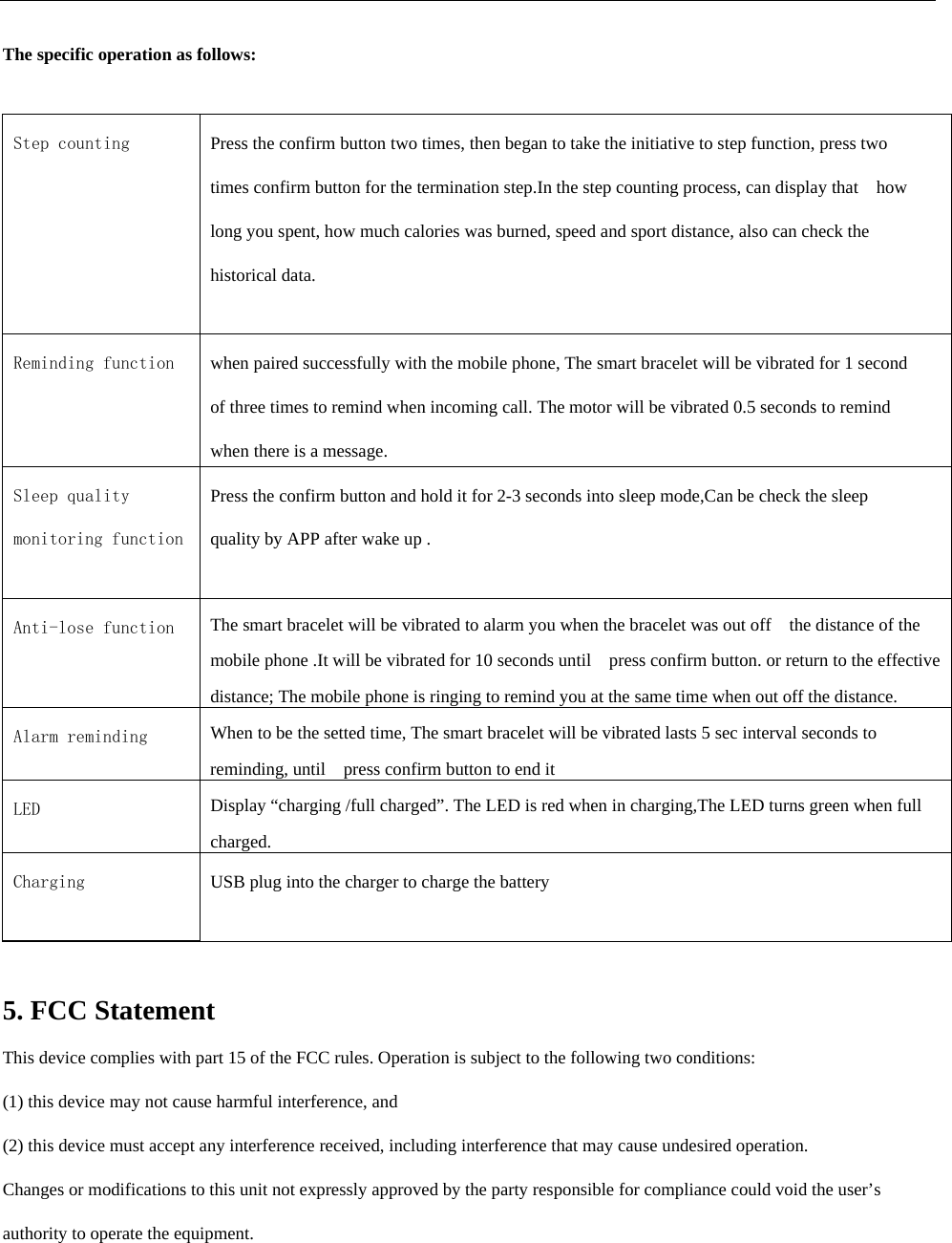  The specific operation as follows:  Step counting  Press the confirm button two times, then began to take the initiative to step function, press two times confirm button for the termination step.In the step counting process, can display that    how long you spent, how much calories was burned, speed and sport distance, also can check the historical data.    Reminding function  when paired successfully with the mobile phone, The smart bracelet will be vibrated for 1 second of three times to remind when incoming call. The motor will be vibrated 0.5 seconds to remind when there is a message.   Sleep quality monitoring function Press the confirm button and hold it for 2-3 seconds into sleep mode,Can be check the sleep quality by APP after wake up .    Anti-lose function  The smart bracelet will be vibrated to alarm you when the bracelet was out off    the distance of the mobile phone .It will be vibrated for 10 seconds until    press confirm button. or return to the effective distance; The mobile phone is ringing to remind you at the same time when out off the distance. Alarm reminding  When to be the setted time, The smart bracelet will be vibrated lasts 5 sec interval seconds to reminding, until    press confirm button to end it   LED Display &ldquo;charging /full charged&rdquo;. The LED is red when in charging,The LED turns green when full charged.  Charging  USB plug into the charger to charge the battery     5. FCC Statement This device complies with part 15 of the FCC rules. Operation is subject to the following two conditions:   (1) this device may not cause harmful interference, and   (2) this device must accept any interference received, including interference that may cause undesired operation.   Changes or modifications to this unit not expressly approved by the party responsible for compliance could void the user&rsquo;s authority to operate the equipment.  
