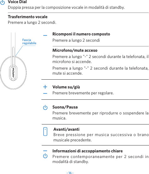 - 16 -Premere a lungo "-" 2 secondi durante la telefonata, il microfono si accende.Premere a lungo "-" 2 secondi durante la telefonata, mute si accende.Doppia pressa per la composizione vocale in modalit&agrave; di standby.Voice DialPremere a lungo 2 secondi.Trasferimento vocalePremere a lungo 2 secondiRicomponi il numero compostoMicrofono/mute accesoPremere contemporaneamente per 2 secondi in modalit&agrave; di standby.Premere brevemente per regolare.Volume su/gi&ugrave;Premere brevemente per riprodurre o sospendere la musica.Suona/PausaBreve pressione per musica successiva o brano musicale precedente.Avanti/avantiInformazioni di accoppiamento chiareFascia regolabile