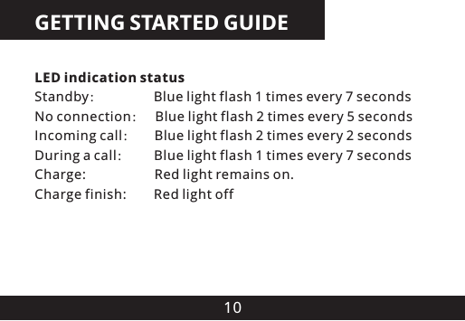10GETTING STARTED GUIDELED indication statusStandby：                   Blue light flash 1 times every 7 secondsNo connection：    Blue light flash 2 times every 5 secondsIncoming call：       Blue light flash 2 times every 2 secondsDuring a call：         Blue light flash 1 times every 7 secondsCharge:                    Red light remains on.Charge finish:        Red light off