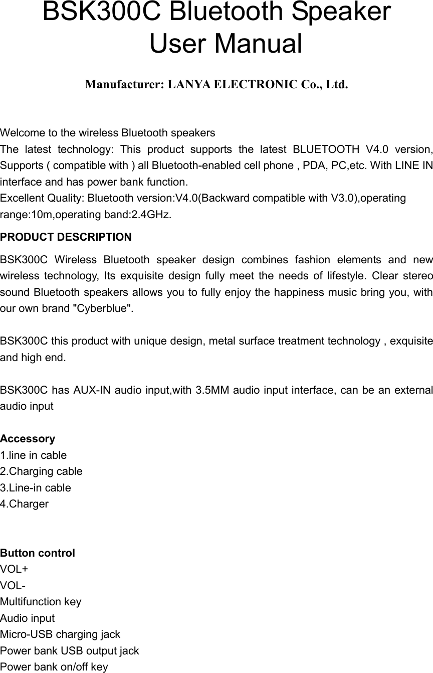 LANYA ELECTRONIC BSK300C Bluetooth Speaker User Manual BSK25