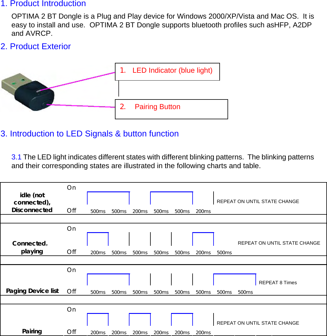     1. Product Introduction  OPTIMA 2 BT Dongle is a Plug and Play device for Windows 2000/XP/Vista and Mac OS.  It is easy to install and use.  OPTIMA 2 BT Dongle supports bluetooth profiles such asHFP, A2DP and AVRCP.    2. Product Exterior  3. Introduction to LED Signals &amp; button function 3.1 The LED light indicates different states with different blinking patterns.  The blinking patterns and their corresponding states are illustrated in the following charts and table.         On                                  REPEAT ON UNTIL STATE CHANGE idle (not connected),  Disconnected  Off  500ms 500ms 200ms 500ms 500ms 200ms                          On                                    REPEAT ON UNTIL STATE CHANGE Connected，playing  Off  200ms 500ms 500ms 500ms 500ms 200ms 500ms                        On                                       REPEAT 8 Times Paging Device list  Off  500ms 500ms 500ms 500ms 500ms 500ms 500ms 500ms                      On                                  REPEAT ON UNTIL STATE CHANGE Pairing  Off  200ms 200ms 200ms 200ms 200ms 200ms                   1.  LED Indicator (blue light) 2.    Pairing Button  