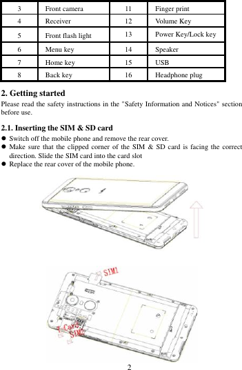        2             3 Front camera   11 Finger print 4 Receiver 12 Volume Key 5 Front flash light 13 Power Key/Lock key 6 Menu key 14 Speaker   7 Home key 15 USB 8 Back key 16 Headphone plug 2. Getting started Please read the safety instructions in the "Safety Information and Notices" section before use. 2.1. Inserting the SIM &amp; SD card  Switch off the mobile phone and remove the rear cover.  Make sure that the  clipped corner of the  SIM  &amp; SD card  is  facing the  correct direction. Slide the SIM card into the card slot  Replace the rear cover of the mobile phone.   