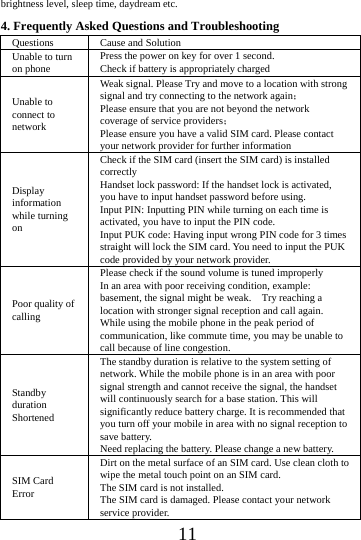      11     brightness level, sleep time, daydream etc. 4. Frequently Asked Questions and Troubleshooting Questions  Cause and Solution Unable to turn on phone  Press the power on key for over 1 second. Check if battery is appropriately charged Unable to connect to network Weak signal. Please Try and move to a location with strong signal and try connecting to the network again； Please ensure that you are not beyond the network coverage of service providers； Please ensure you have a valid SIM card. Please contact your network provider for further information Display information while turning on Check if the SIM card (insert the SIM card) is installed correctly Handset lock password: If the handset lock is activated, you have to input handset password before using. Input PIN: Inputting PIN while turning on each time is activated, you have to input the PIN code. Input PUK code: Having input wrong PIN code for 3 times straight will lock the SIM card. You need to input the PUK code provided by your network provider. Poor quality of calling Please check if the sound volume is tuned improperly In an area with poor receiving condition, example: basement, the signal might be weak.    Try reaching a location with stronger signal reception and call again. While using the mobile phone in the peak period of communication, like commute time, you may be unable to call because of line congestion. Standby duration Shortened The standby duration is relative to the system setting of network. While the mobile phone is in an area with poor signal strength and cannot receive the signal, the handset will continuously search for a base station. This will significantly reduce battery charge. It is recommended that you turn off your mobile in area with no signal reception to save battery. Need replacing the battery. Please change a new battery. SIM Card Error Dirt on the metal surface of an SIM card. Use clean cloth to wipe the metal touch point on an SIM card. The SIM card is not installed. The SIM card is damaged. Please contact your network service provider. 