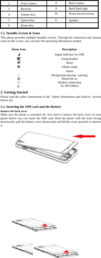    2         2  Front camera  8 Back camera 3  Receiver  9  Back flash light 4 Volume Key  10  Power Key/Lock key 5 Option Key  11 Speaker 6 Home Key    1.2. Standby Screen &amp; Icons This phone provides multiple Standby screens. Through the instruction and various icons on the screen, you can have the operating information needed.  Status Icon  Description   Signal indicator for SIM    Using headset  Silent  Vibrate mode  Alarm   Background playing / pausing  Bluetooth on  Modem connecting  3G (WCDMA) 2. Getting Started Please read the safety instructions in the "Safety Information and Notices" section before use. 2.1. Inserting the SIM card and the Battery Remove the back cover Make sure the phone is switched off. You need to remove the back cover of your phone before you can insert the SIM card. Hold the phone with the front facing downwards; pull the battery cover downwards and lift the cover upwards to remove it.       