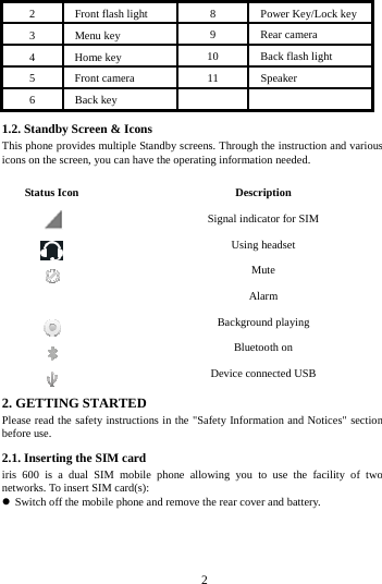     2     2  Front flash light  8  Power Key/Lock key 3 Menu key  9 Rear camera 4 Home key 10  Back flash light 5 Front camera   11 Speaker 6 Back key    1.2. Standby Screen &amp; Icons This phone provides multiple Standby screens. Through the instruction and various icons on the screen, you can have the operating information needed.  Status Icon  Description  Signal indicator for SIM    Using headset  Mute  Alarm  Background playing    Bluetooth on  Device connected USB 2. GETTING STARTED Please read the safety instructions in the "Safety Information and Notices" section before use. 2.1. Inserting the SIM card iris 600 is a dual SIM mobile phone allowing you to use the facility of two networks. To insert SIM card(s):  Switch off the mobile phone and remove the rear cover and battery.         