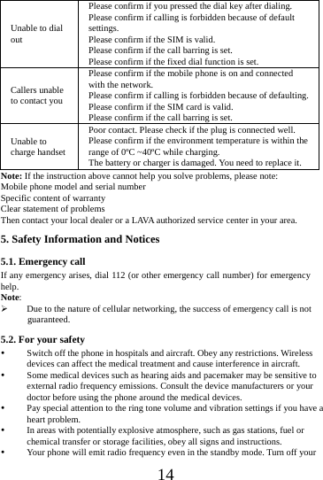      14      Unable to dial out Please confirm if you pressed the dial key after dialing. Please confirm if calling is forbidden because of default settings. Please confirm if the SIM is valid. Please confirm if the call barring is set. Please confirm if the fixed dial function is set. Callers unable to contact you Please confirm if the mobile phone is on and connected with the network. Please confirm if calling is forbidden because of defaulting. Please confirm if the SIM card is valid. Please confirm if the call barring is set. Unable to charge handset Poor contact. Please check if the plug is connected well. Please confirm if the environment temperature is within the range of 0&ordm;C ~40&ordm;C while charging. The battery or charger is damaged. You need to replace it. Note: If the instruction above cannot help you solve problems, please note: Mobile phone model and serial number Specific content of warranty Clear statement of problems Then contact your local dealer or a LAVA authorized service center in your area.5. Safety Information and Notices 5.1. Emergency call If any emergency arises, dial 112 (or other emergency call number) for emergency help. Note:  Due to the nature of cellular networking, the success of emergency call is not guaranteed. 5.2. For your safety  Switch off the phone in hospitals and aircraft. Obey any restrictions. Wireless devices can affect the medical treatment and cause interference in aircraft.  Some medical devices such as hearing aids and pacemaker may be sensitive to external radio frequency emissions. Consult the device manufacturers or your doctor before using the phone around the medical devices.  Pay special attention to the ring tone volume and vibration settings if you have a heart problem.  In areas with potentially explosive atmosphere, such as gas stations, fuel or chemical transfer or storage facilities, obey all signs and instructions.  Your phone will emit radio frequency even in the standby mode. Turn off your 