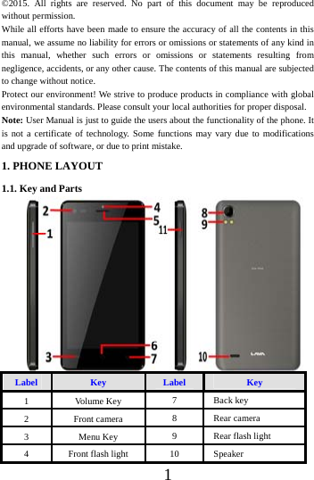      1      &copy;2015. All rights are reserved. No part of this document may be reproduced without permission. While all efforts have been made to ensure the accuracy of all the contents in this manual, we assume no liability for errors or omissions or statements of any kind in this manual, whether such errors or omissions or statements resulting from negligence, accidents, or any other cause. The contents of this manual are subjected to change without notice. Protect our environment! We strive to produce products in compliance with global environmental standards. Please consult your local authorities for proper disposal. Note: User Manual is just to guide the users about the functionality of the phone. It is not a certificate of technology. Some functions may vary due to modifications and upgrade of software, or due to print mistake.1. PHONE LAYOUT   1.1. Key and Parts      Label  Key  Label  Key 1 Volume Key  7 Back key 2 Front camera  8 Rear camera 3 Menu Key  9  Rear flash light 4  Front flash light  10 Speaker 