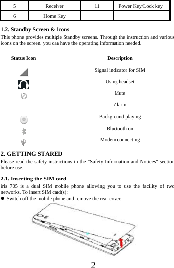      2      5 Receiver  11  Power Key/Lock key 6 Home Key    1.2. Standby Screen &amp; Icons This phone provides multiple Standby screens. Through the instruction and various icons on the screen, you can have the operating information needed.  Status Icon  Description  Signal indicator for SIM    Using headset  Mute  Alarm  Background playing    Bluetooth on  Modem connecting 2. GETTING STARED Please read the safety instructions in the "Safety Information and Notices" section before use. 2.1. Inserting the SIM card iris 705 is a dual SIM mobile phone allowing you to use the facility of two networks. To insert SIM card(s):  Switch off the mobile phone and remove the rear cover.                  