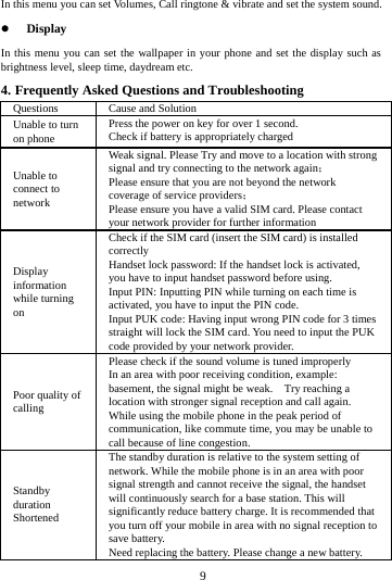     9     In this menu you can set Volumes, Call ringtone &amp; vibrate and set the system sound.  Display In this menu you can set the wallpaper in your phone and set the display such as brightness level, sleep time, daydream etc. 4. Frequently Asked Questions and Troubleshooting Questions  Cause and Solution Unable to turn on phone Press the power on key for over 1 second. Check if battery is appropriately charged Unable to connect to network Weak signal. Please Try and move to a location with strong signal and try connecting to the network again； Please ensure that you are not beyond the network coverage of service providers； Please ensure you have a valid SIM card. Please contact your network provider for further information Display information while turning on Check if the SIM card (insert the SIM card) is installed correctly Handset lock password: If the handset lock is activated, you have to input handset password before using. Input PIN: Inputting PIN while turning on each time is activated, you have to input the PIN code. Input PUK code: Having input wrong PIN code for 3 times straight will lock the SIM card. You need to input the PUK code provided by your network provider. Poor quality of calling Please check if the sound volume is tuned improperly In an area with poor receiving condition, example: basement, the signal might be weak.    Try reaching a location with stronger signal reception and call again. While using the mobile phone in the peak period of communication, like commute time, you may be unable to call because of line congestion. Standby duration Shortened The standby duration is relative to the system setting of network. While the mobile phone is in an area with poor signal strength and cannot receive the signal, the handset will continuously search for a base station. This will significantly reduce battery charge. It is recommended that you turn off your mobile in area with no signal reception to save battery. Need replacing the battery. Please change a new battery. 