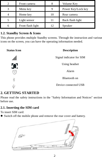     2     2  Front camera    8  Volume Key 3  Menu key  9  Power Key/Lock key 4 Home key 10 Rear camera 5  Light sensor  11  Back flash light 6  Front flash light  12  Speaker 1.2. Standby Screen &amp; Icons This phone provides multiple Standby screens. Through the instruction and various icons on the screen, you can have the operating information needed.  Status Icon  Description  Signal indicator for SIM    Using headset  Alarm  Bluetooth on  Device connected USB 2. GETTING STARTED Please read the safety instructions in the "Safety Information and Notices" section before use. 2.1. Inserting the SIM card To insert SIM card:  Switch off the mobile phone and remove the rear cover and battery.                 