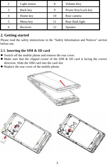     2     2 Light sensor  8 Volume Key 3  Back key  9  Power Key/Lock key 4 Home key 10 Rear camera 5  Menu key  11  Rear flash light 6 Receiver  12 Speaker 2. Getting started Please read the safety instructions in the "Safety Information and Notices" section before use. 2.1. Inserting the SIM &amp; SD card  Switch off the mobile phone and remove the rear cover.  Make sure that the clipped corner of the SIM &amp; SD card is facing the correct direction. Slide the SIM card into the card slot  Replace the rear cover of the mobile phone.      