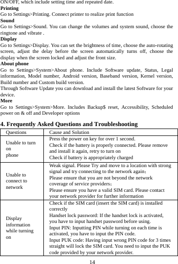     14      ON/OFF, which include setting time and repeated date. Printing  Go to Settings>Printing. Connect printer to realize print function Sound Go to Settings>Sound. You can change the volumes and system sound, choose the ringtone and vibrate . Display Go to Settings>Display. You can set the brightness of time, choose the auto-rotating screen, adjust the delay before the screen automatically turns off, choose the display when the screen locked and adjust the front size. About phone Go to Settings>System>About phone. Include Software update, Status, Legal information, Model number, Android version, Baseband version, Kernel version, Build number and Custom build version. Through Software Update you can download and install the latest Software for your device. More  Go to Settings>System>More. Includes Backup$ reset, Accessibility, Scheduled power on &amp; off and Developer options 4. Frequently Asked Questions and Troubleshooting Questions  Cause and Solution Unable to turn on phone Press the power on key for over 1 second. Check if the battery is properly connected. Please remove and install it again, retry to turn on Check if battery is appropriately charged Unable to connect to network Weak signal. Please Try and move to a location with strong signal and try connecting to the network again； Please ensure that you are not beyond the network coverage of service providers； Please ensure you have a valid SIM card. Please contact your network provider for further information Display information while turning on Check if the SIM card (insert the SIM card) is installed correctly Handset lock password: If the handset lock is activated, you have to input handset password before using. Input PIN: Inputting PIN while turning on each time is activated, you have to input the PIN code. Input PUK code: Having input wrong PIN code for 3 times straight will lock the SIM card. You need to input the PUK code provided by your network provider. 