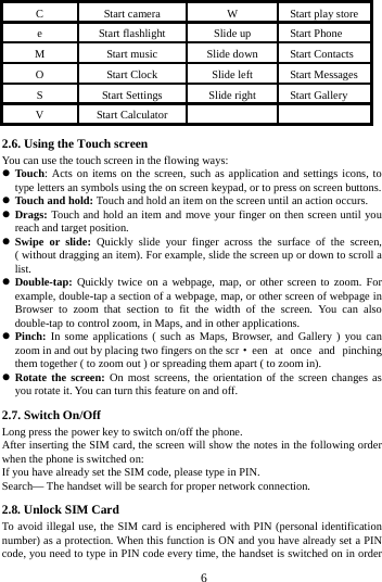     6     C  Start camera  W  Start play store e  Start flashlight  Slide up  Start Phone M  Start music  Slide down  Start Contacts O  Start Clock  Slide left  Start Messages S  Start Settings  Slide right  Start Gallery V Start Calculator     2.6. Using the Touch screen   You can use the touch screen in the flowing ways:  Touch: Acts on items on the screen, such as application and settings icons, to type letters an symbols using the on screen keypad, or to press on screen buttons.  Touch and hold: Touch and hold an item on the screen until an action occurs.  Drags: Touch and hold an item and move your finger on then screen until you reach and target position.  Swipe or slide: Quickly slide your finger across the surface of the screen, ( without dragging an item). For example, slide the screen up or down to scroll a list.  Double-tap:  Quickly twice on a webpage, map, or other screen to zoom. For example, double-tap a section of a webpage, map, or other screen of webpage in Browser to zoom that section to fit the width of the screen. You can also double-tap to control zoom, in Maps, and in other applications.  Pinch: In some applications ( such as Maps, Browser, and Gallery ) you can zoom in and out by placing two fingers on the scr &middot;een at once and pinching them together ( to zoom out ) or spreading them apart ( to zoom in).  Rotate the screen: On most screens, the orientation of the screen changes as you rotate it. You can turn this feature on and off.     2.7. Switch On/Off Long press the power key to switch on/off the phone. After inserting the SIM card, the screen will show the notes in the following order when the phone is switched on: If you have already set the SIM code, please type in PIN. Search&mdash; The handset will be search for proper network connection. 2.8. Unlock SIM Card To avoid illegal use, the SIM card is enciphered with PIN (personal identification number) as a protection. When this function is ON and you have already set a PIN code, you need to type in PIN code every time, the handset is switched on in order 