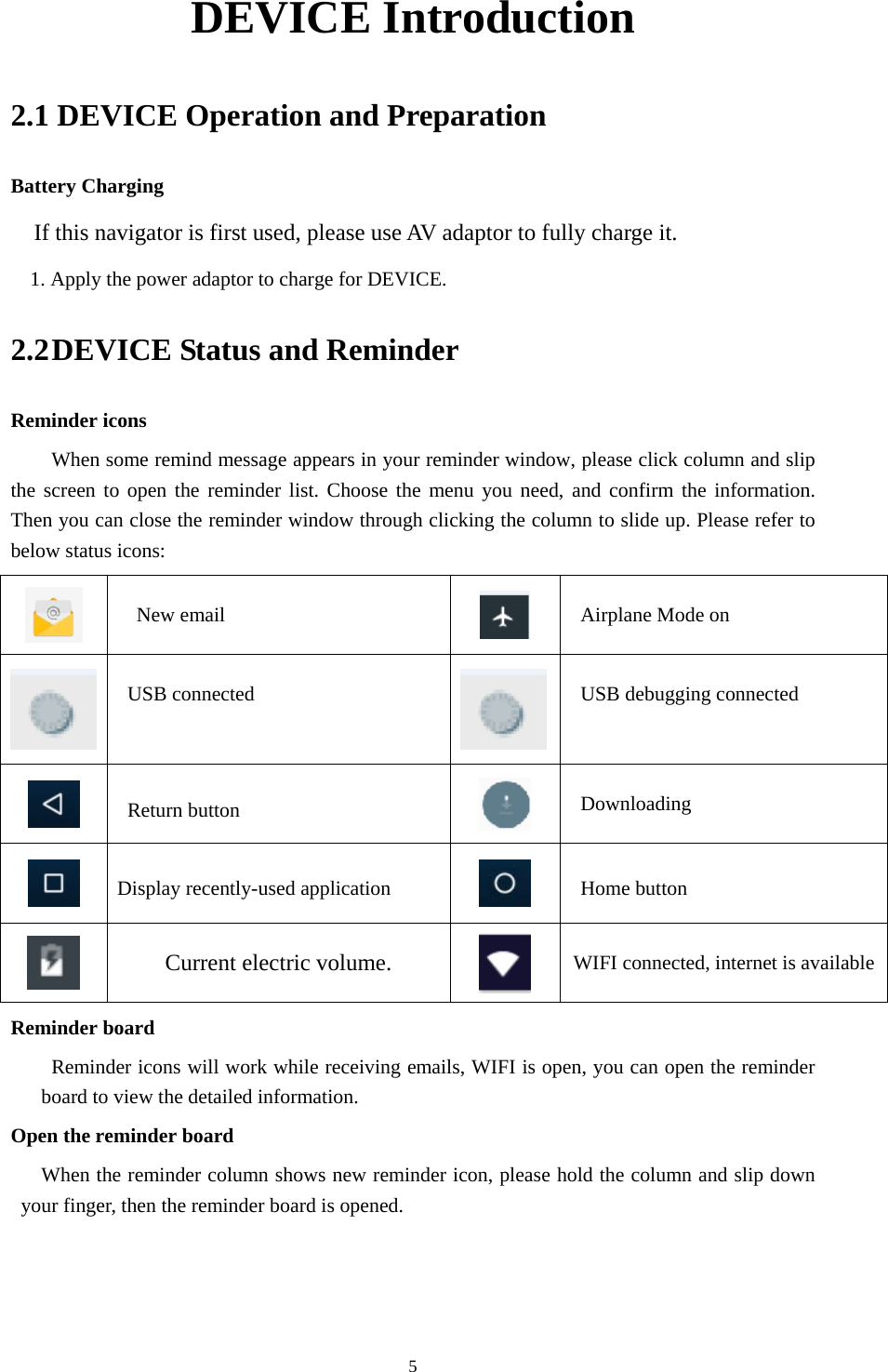     5DEVICE Introduction 2.1 DEVICE Operation and Preparation Battery Charging If this navigator is first used, please use AV adaptor to fully charge it. 1. Apply the power adaptor to charge for DEVICE. 2.2 DEVICE Status and Reminder Reminder icons When some remind message appears in your reminder window, please click column and slip the screen to open the reminder list. Choose the menu you need, and confirm the information. Then you can close the reminder window through clicking the column to slide up. Please refer to below status icons:    New email   Airplane Mode on  USB connected  USB debugging connected  Return button  Downloading  Display recently-used application  Home button  Current electric volume.  WIFI connected, internet is availableReminder board   Reminder icons will work while receiving emails, WIFI is open, you can open the reminder board to view the detailed information. Open the reminder board When the reminder column shows new reminder icon, please hold the column and slip down your finger, then the reminder board is opened.  