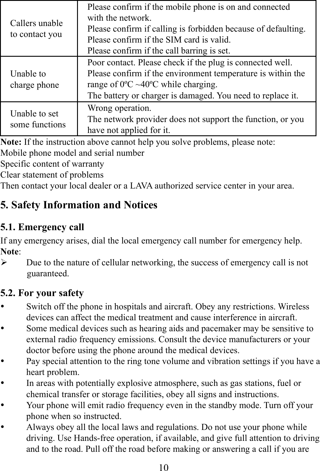    10      Callers unable to contact you Please confirm if the mobile phone is on and connected with the network. Please confirm if calling is forbidden because of defaulting. Please confirm if the SIM card is valid. Please confirm if the call barring is set. Unable to charge phone Poor contact. Please check if the plug is connected well. Please confirm if the environment temperature is within the range of 0&ordm;C ~40&ordm;C while charging. The battery or charger is damaged. You need to replace it. Unable to set some functions Wrong operation. The network provider does not support the function, or you have not applied for it. Note: If the instruction above cannot help you solve problems, please note: Mobile phone model and serial number Specific content of warranty Clear statement of problems Then contact your local dealer or a LAVA authorized service center in your area. 5. Safety Information and Notices 5.1. Emergency call If any emergency arises, dial the local emergency call number for emergency help.   Note:  Due to the nature of cellular networking, the success of emergency call is not guaranteed. 5.2. For your safety  Switch off the phone in hospitals and aircraft. Obey any restrictions. Wireless devices can affect the medical treatment and cause interference in aircraft.  Some medical devices such as hearing aids and pacemaker may be sensitive to external radio frequency emissions. Consult the device manufacturers or your doctor before using the phone around the medical devices.  Pay special attention to the ring tone volume and vibration settings if you have a heart problem.  In areas with potentially explosive atmosphere, such as gas stations, fuel or chemical transfer or storage facilities, obey all signs and instructions.  Your phone will emit radio frequency even in the standby mode. Turn off your phone when so instructed.  Always obey all the local laws and regulations. Do not use your phone while driving. Use Hands-free operation, if available, and give full attention to driving and to the road. Pull off the road before making or answering a call if you are 