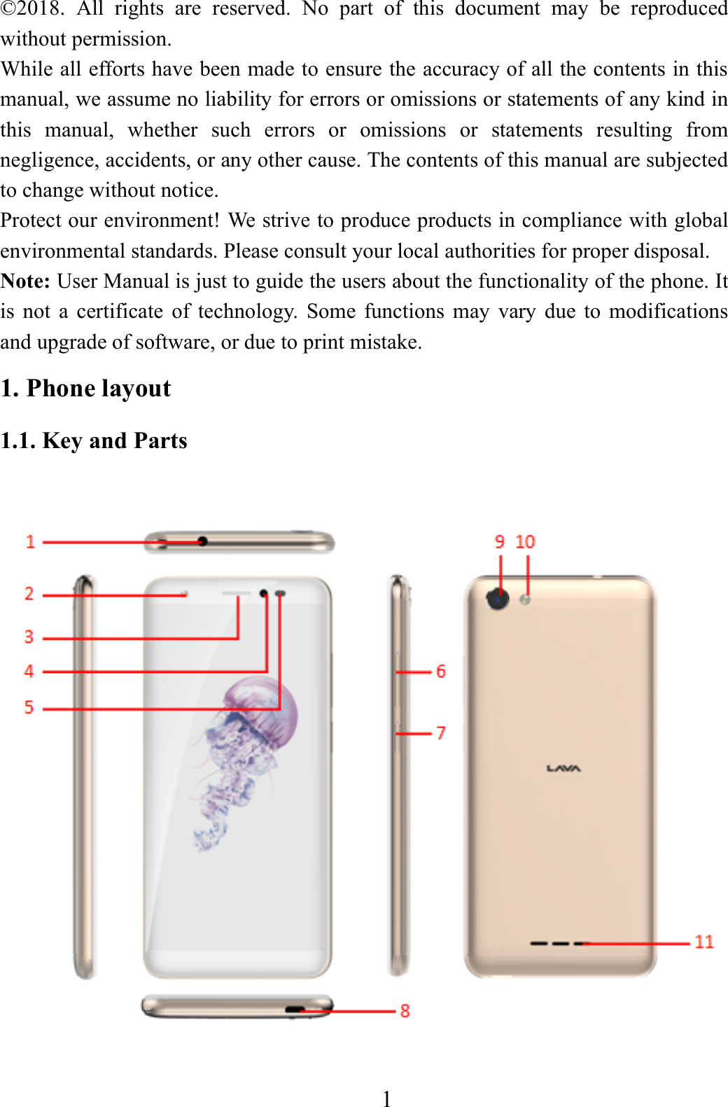    1    &copy;2018. All rights are reserved. No part of this document may be reproduced without permission. While all efforts have been made to ensure the accuracy of all the contents in this manual, we assume no liability for errors or omissions or statements of any kind in this manual, whether such errors or omissions or statements resulting from negligence, accidents, or any other cause. The contents of this manual are subjected to change without notice. Protect our environment! We strive to produce products in compliance with global environmental standards. Please consult your local authorities for proper disposal. Note: User Manual is just to guide the users about the functionality of the phone. It is not a certificate of technology. Some functions may vary due to modifications and upgrade of software, or due to print mistake. 1. Phone layout 1.1. Key and Parts  