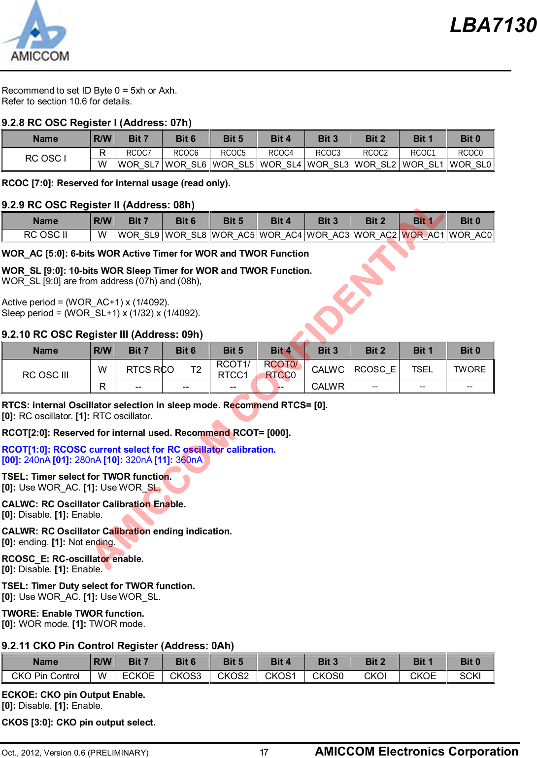 LBA7130Oct., 2012, Version 0.6 (PRELIMINARY)                      17 AMICCOM Electronics CorporationRecommend to set ID Byte 0 = 5xh or Axh.Refer to section 10.6 for details.9.2.8 RC OSC Register I (Address: 07h)Name R/W Bit 7 Bit 6 Bit 5 Bit 4 Bit 3 Bit 2 Bit 1 Bit 0RRCOC7 RCOC6 RCOC5 RCOC4 RCOC3 RCOC2 RCOC1 RCOC0RC OSC I WWOR_SL7 WOR_SL6 WOR_SL5 WOR_SL4 WOR_SL3 WOR_SL2 WOR_SL1 WOR_SL0RCOC [7:0]: Reserved for internal usage (read only).9.2.9 RC OSC Register II (Address: 08h)Name R/W Bit 7 Bit 6 Bit 5 Bit 4 Bit 3 Bit 2 Bit 1 Bit 0RC OSC II W WOR_SL9 WOR_SL8 WOR_AC5 WOR_AC4 WOR_AC3 WOR_AC2 WOR_AC1 WOR_AC0WOR_AC [5:0]: 6-bits WOR Active Timer for WOR and TWOR FunctionWOR_SL [9:0]: 10-bits WOR Sleep Timer for WOR and TWOR Function.WOR_SL [9:0] are from address (07h) and (08h),Active period = (WOR_AC+1) x (1/4092).Sleep period = (WOR_SL+1) x (1/32) x (1/4092).9.2.10 RC OSC Register III (Address: 09h)Name R/W Bit 7 Bit 6 Bit 5 Bit 4 Bit 3 Bit 2 Bit 1 Bit 0WRTCS RCO T2 RCOT1/RTCC1RCOT0/RTCC0 CALWC RCOSC_E TSEL TWORERC OSC IIIR-- -- -- -- CALWR -- -- --RTCS: internal Oscillator selection in sleep mode. Recommend RTCS= [0].[0]: RC oscillator. [1]: RTC oscillator.RCOT[2:0]: Reserved for internal used. Recommend RCOT= [000].RCOT[1:0]: RCOSC current select for RC oscillator calibration.[00]: 240nA [01]: 280nA [10]: 320nA [11]: 360nATSEL: Timer select for TWOR function.[0]: Use WOR_AC. [1]: Use WOR_SL.CALWC: RC Oscillator Calibration Enable.[0]: Disable. [1]: Enable.CALWR: RC Oscillator Calibration ending indication.[0]: ending. [1]: Not ending.RCOSC_E: RC-oscillator enable.[0]: Disable. [1]: Enable.TSEL: Timer Duty select for TWOR function.[0]: Use WOR_AC. [1]: Use WOR_SL.TWORE: Enable TWOR function.[0]: WOR mode. [1]: TWOR mode.9.2.11 CKO Pin Control Register (Address: 0Ah)Name R/W Bit 7 Bit 6 Bit 5 Bit 4 Bit 3 Bit 2 Bit 1 Bit 0CKO Pin Control  W ECKOE CKOS3 CKOS2 CKOS1 CKOS0 CKOI CKOE SCKIECKOE: CKO pin Output Enable.[0]: Disable. [1]: Enable.CKOS [3:0]: CKO pin output select.