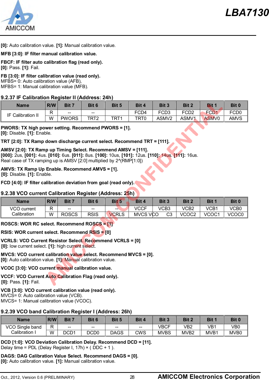 LBA7130Oct., 2012, Version 0.6 (PRELIMINARY)                      28 AMICCOM Electronics Corporation[0]: Auto calibration value. [1]: Manual calibration value.MFB [3:0]: IF filter manual calibration value.FBCF: IF filter auto calibration flag (read only).[0]: Pass. [1]: Fail.FB [3:0]: IF filter calibration value (read only).MFBS= 0: Auto calibration value (AFB),MFBS= 1: Manual calibration value (MFB).9.2.37 IF Calibration Register II (Address: 24h)Name R/W Bit 7 Bit 6 Bit 5 Bit 4 Bit 3 Bit 2 Bit 1 Bit 0R-- -- FCD4 FCD3 FCD2 FCD1 FCD0IF Calibration II WPWORS TRT2 TRT1 TRT0 ASMV2 ASMV1 ASMV0 AMVSPWORS: TX high power setting. Recommend PWORS = [1].[0]: Disable. [1]: Enable.TRT [2:0]: TX Ramp down discharge current select. Recommend TRT = [111].AMSV [2:0]: TX Ramp up Timing Select. Recommend AMSV = [111].[000]: 2us, [001]: 4us. [010]: 6us. [011]: 8us. [100]: 10us, [101]: 12us. [110]: 14us. [111]: 16us.Real case of TX ramping up is AMSV [2:0] multiplied by 2^(RMP[1:0])AMVS: TX Ramp Up Enable. Recommend AMVS = [1].[0]: Disable. [1]: Enable.FCD [4:0]: IF filter calibration deviation from goal (read only).9.2.38 VCO current Calibration Register (Address: 25h)Name R/W Bit 7 Bit 6 Bit 5 Bit 4 Bit 3 Bit 2 Bit 1 Bit 0R-- -- -- VCCF VCB3 VCB2 VCB1 VCB0VCO currentCalibration WROSCS RSIS VCRLS MVCS VCO C3 VCOC2 VCOC1 VCOC0ROSCS: WOR RC select. Recommend ROSCS = [1]RSIS: WOR current select. Recommend RSIS = [0]VCRLS: VCO Current Resistor Select. Recommend VCRLS = [0][0]: low current select. [1]: high current select.MVCS: VCO current calibration value select. Recommend MVCS = [0].[0]: Auto calibration value. [1]: Manual calibration value.VCOC [3:0]: VCO current manual calibration value.VCCF: VCO Current Auto Calibration Flag (read only).[0]: Pass. [1]: Fail.VCB [3:0]: VCO current calibration value (read only).MVCS= 0: Auto calibration value (VCB).MVCS= 1: Manual calibration value (VCOC).9.2.39 VCO band Calibration Register I (Address: 26h)Name R/W Bit 7 Bit 6 Bit 5 Bit 4 Bit 3 Bit 2 Bit 1 Bit 0R-- -- -- -- VBCF VB2 VB1 VB0VCO Single bandCalibration I WDCD1 DCD0 DAGS CWS MVBS MVB2 MVB1 MVB0DCD [1:0]: VCO Deviation Calibration Delay. Recommend DCD = [11].Delay time = PDL (Delay Register I, 17h) × ( DDC + 1 ).DAGS: DAG Calibration Value Select. Recommend DAGS = [0].[0]: Auto calibration value. [1]: Manual calibration value.