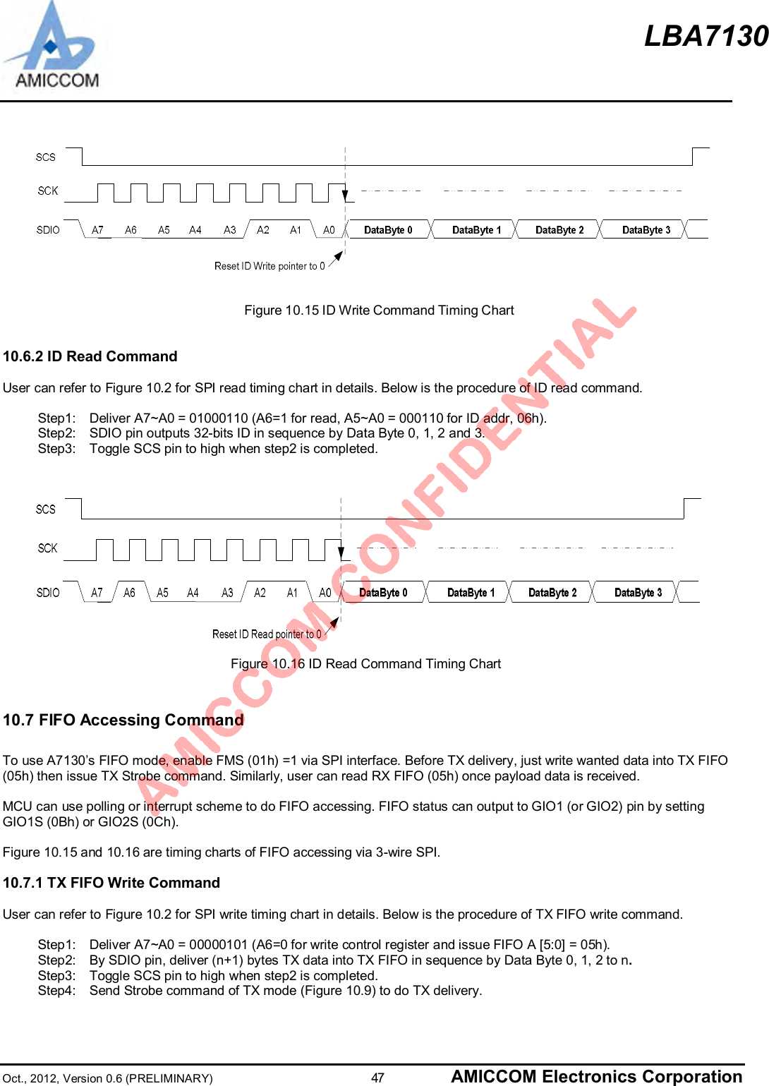 LBA7130Oct., 2012, Version 0.6 (PRELIMINARY)                      47 AMICCOM Electronics CorporationFigure 10.15 ID Write Command Timing Chart10.6.2 ID Read CommandUser can refer to Figure 10.2 for SPI read timing chart in details. Below is the procedure of ID read command.Step1:   Deliver A7~A0 = 01000110 (A6=1 for read, A5~A0 = 000110 for ID addr, 06h).Step2:   SDIO pin outputs 32-bits ID in sequence by Data Byte 0, 1, 2 and 3.Step3:   Toggle SCS pin to high when step2 is completed.Figure 10.16 ID Read Command Timing Chart10.7 FIFO Accessing CommandTo use A7130’s FIFO mode, enable FMS (01h) =1 via SPI interface. Before TX delivery, just write wanted data into TX FIFO(05h) then issue TX Strobe command. Similarly, user can read RX FIFO (05h) once payload data is received.MCU can use polling or interrupt scheme to do FIFO accessing. FIFO status can output to GIO1 (or GIO2) pin by settingGIO1S (0Bh) or GIO2S (0Ch).Figure 10.15 and 10.16 are timing charts of FIFO accessing via 3-wire SPI.10.7.1 TX FIFO Write CommandUser can refer to Figure 10.2 for SPI write timing chart in details. Below is the procedure of TX FIFO write command.Step1:   Deliver A7~A0 = 00000101 (A6=0 for write control register and issue FIFO A [5:0] = 05h).Step2:   By SDIO pin, deliver (n+1) bytes TX data into TX FIFO in sequence by Data Byte 0, 1, 2 to n.Step3:   Toggle SCS pin to high when step2 is completed.Step4:   Send Strobe command of TX mode (Figure 10.9) to do TX delivery.