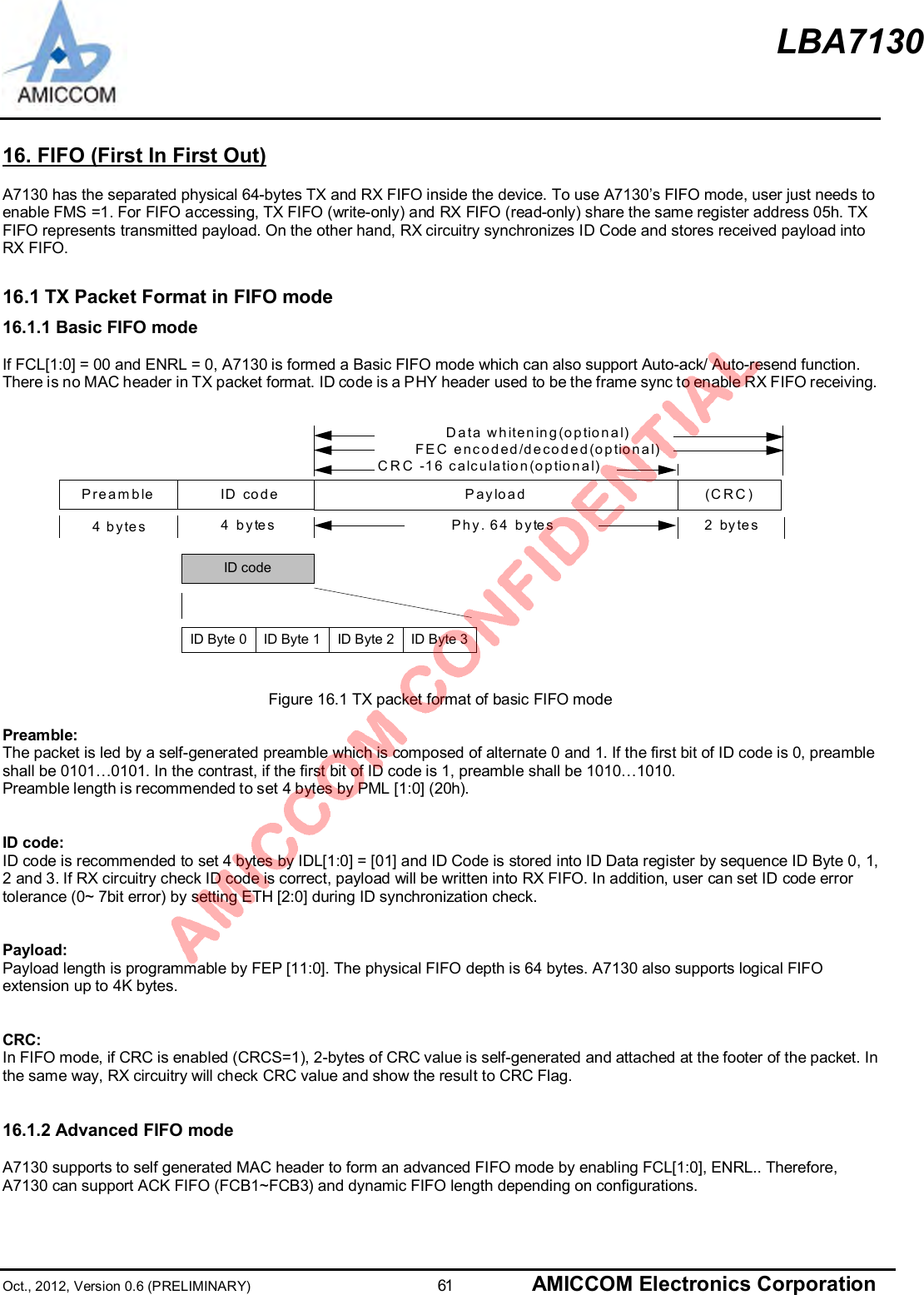 LBA7130Oct., 2012, Version 0.6 (PRELIMINARY)                      61 AMICCOM Electronics Corporation16. FIFO (First In First Out)A7130 has the separated physical 64-bytes TX and RX FIFO inside the device. To use A7130’s FIFO mode, user just needs toenable FMS =1. For FIFO accessing, TX FIFO (write-only) and RX FIFO (read-only) share the same register address 05h. TXFIFO represents transmitted payload. On the other hand, RX circuitry synchronizes ID Code and stores received payload intoRX FIFO.16.1 TX Packet Format in FIFO mode16.1.1 Basic FIFO modeIf FCL[1:0] = 00 and ENRL = 0, A7130 is formed a Basic FIFO mode which can also support Auto-ack/ Auto-resend function.There is no MAC header in TX packet format. ID code is a PHY header used to be the frame sync to enable RX FIFO receiving.ID codePreamble Payload (CRC)4 bytes 4 bytes 2 bytesPhy. 64 bytesCRC -16 calculation(optional)FEC encoded/decoded(optional)Data whitening(optional)Figure 16.1 TX packet format of basic FIFO modePreamble:The packet is led by a self-generated preamble which is composed of alternate 0 and 1. If the first bit of ID code is 0, preambleshall be 0101…0101. In the contrast, if the first bit of ID code is 1, preamble shall be 1010…1010.Preamble length is recommended to set 4 bytes by PML [1:0] (20h).ID code:ID code is recommended to set 4 bytes by IDL[1:0] = [01] and ID Code is stored into ID Data register by sequence ID Byte 0, 1,2 and 3. If RX circuitry check ID code is correct, payload will be written into RX FIFO. In addition, user can set ID code errortolerance (0~ 7bit error) by setting ETH [2:0] during ID synchronization check.Payload:Payload length is programmable by FEP [11:0]. The physical FIFO depth is 64 bytes. A7130 also supports logical FIFOextension up to 4K bytes.CRC:In FIFO mode, if CRC is enabled (CRCS=1), 2-bytes of CRC value is self-generated and attached at the footer of the packet. Inthe same way, RX circuitry will check CRC value and show the result to CRC Flag.16.1.2 Advanced FIFO modeA7130 supports to self generated MAC header to form an advanced FIFO mode by enabling FCL[1:0], ENRL.. Therefore,A7130 can support ACK FIFO (FCB1~FCB3) and dynamic FIFO length depending on configurations.ID codeID Byte 0 ID Byte 1 ID Byte 2 ID Byte 3