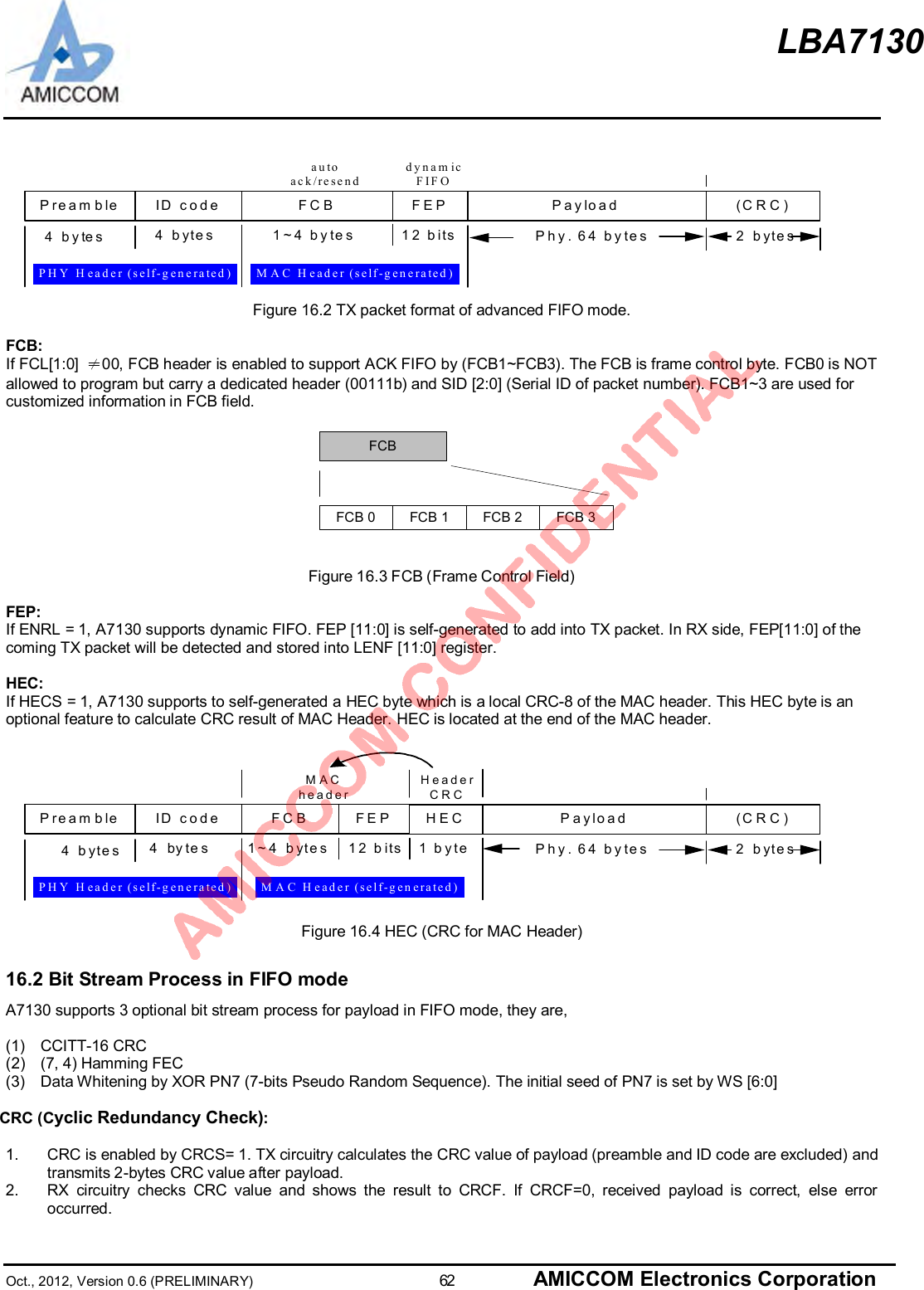 LBA7130Oct., 2012, Version 0.6 (PRELIMINARY)                      62 AMICCOM Electronics CorporationID codePreamble Payload (CRC)4 bytes 4 bytes 2 bytesPhy. 64 bytesFCB1~4 bytesFEP1 2 b itsau toack/resenddynamicFIFOM AC  H eader (self-generated)PH Y  H eader (self-generated)Figure 16.2 TX packet format of advanced FIFO mode.FCB:If FCL[1:0] ≠00, FCB header is enabled to support ACK FIFO by (FCB1~FCB3). The FCB is frame control byte. FCB0 is NOTallowed to program but carry a dedicated header (00111b) and SID [2:0] (Serial ID of packet number). FCB1~3 are used forcustomized information in FCB field.Figure 16.3 FCB (Frame Control Field)FEP:If ENRL = 1, A7130 supports dynamic FIFO. FEP [11:0] is self-generated to add into TX packet. In RX side, FEP[11:0] of thecoming TX packet will be detected and stored into LENF [11:0] register.HEC:If HECS = 1, A7130 supports to self-generated a HEC byte which is a local CRC-8 of the MAC header. This HEC byte is anoptional feature to calculate CRC result of MAC Header. HEC is located at the end of the MAC header.ID codePreamble Payload (CRC)4 bytes 4  bytes 2 bytesPhy. 64 bytesFCB1~4 bytesFEP12 b itsHEC1 b yteHeaderCRCM A C  H eader (self-generated)PH Y  H eader (self-generated)MACheaderFigure 16.4 HEC (CRC for MAC Header)16.2 Bit Stream Process in FIFO modeA7130 supports 3 optional bit stream process for payload in FIFO mode, they are,(1)   CCITT-16 CRC(2)   (7, 4) Hamming FEC(3)   Data Whitening by XOR PN7 (7-bits Pseudo Random Sequence). The initial seed of PN7 is set by WS [6:0]CRC (Cyclic Redundancy Check):1.  CRC is enabled by CRCS= 1. TX circuitry calculates the CRC value of payload (preamble and ID code are excluded) andtransmits 2-bytes CRC value after payload.2.  RX circuitry checks CRC value and shows the result to CRCF. If CRCF=0, received payload is correct, else erroroccurred.FCBFCB 0 FCB 1 FCB 2 FCB 3