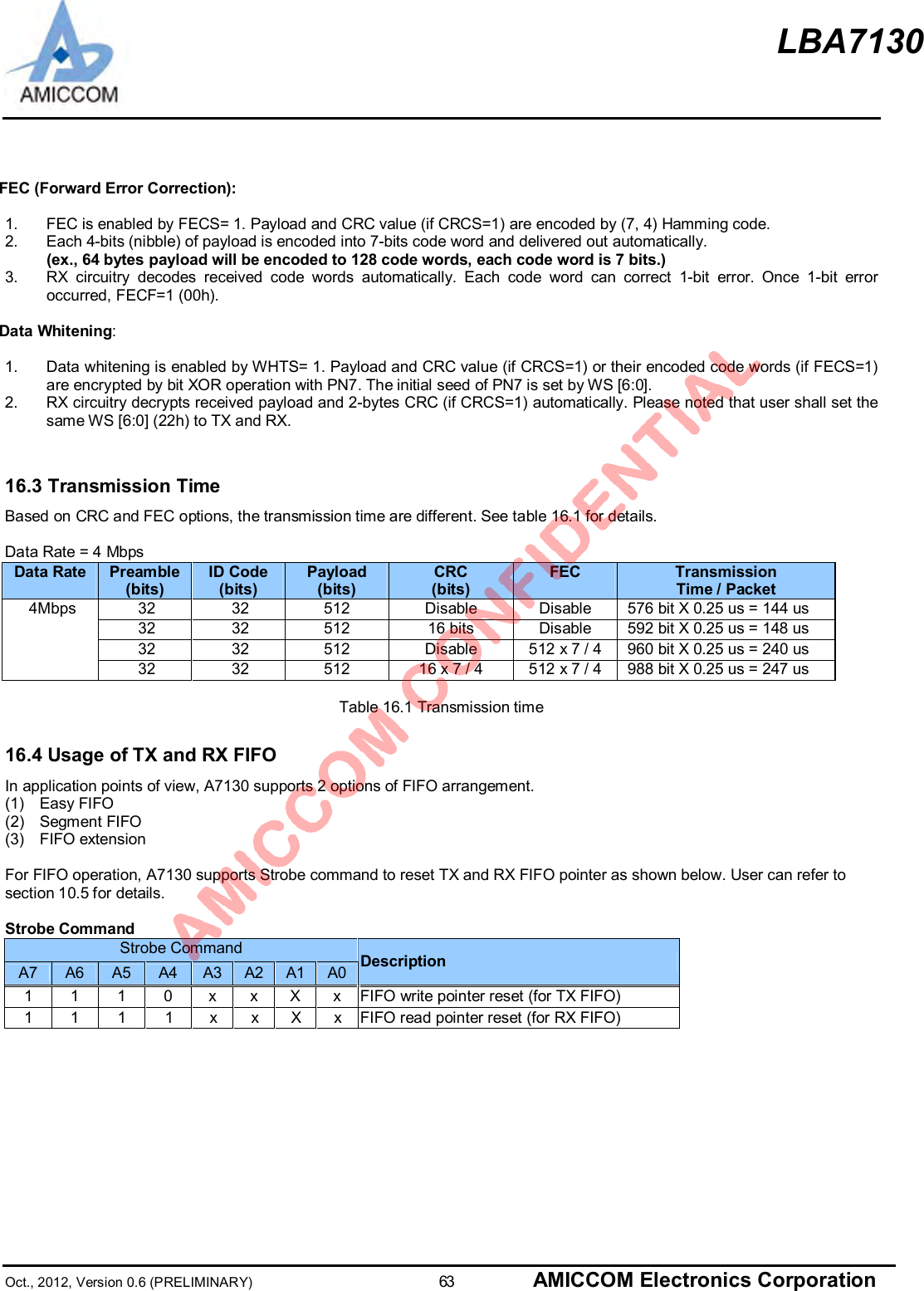 LBA7130Oct., 2012, Version 0.6 (PRELIMINARY)                      63 AMICCOM Electronics CorporationFEC (Forward Error Correction):1.  FEC is enabled by FECS= 1. Payload and CRC value (if CRCS=1) are encoded by (7, 4) Hamming code.2.  Each 4-bits (nibble) of payload is encoded into 7-bits code word and delivered out automatically.(ex., 64 bytes payload will be encoded to 128 code words, each code word is 7 bits.)3.  RX circuitry decodes received code words automatically. Each code word can correct 1-bit error. Once 1-bit erroroccurred, FECF=1 (00h).Data Whitening:1.  Data whitening is enabled by WHTS= 1. Payload and CRC value (if CRCS=1) or their encoded code words (if FECS=1)are encrypted by bit XOR operation with PN7. The initial seed of PN7 is set by WS [6:0].2.  RX circuitry decrypts received payload and 2-bytes CRC (if CRCS=1) automatically. Please noted that user shall set thesame WS [6:0] (22h) to TX and RX.16.3 Transmission TimeBased on CRC and FEC options, the transmission time are different. See table 16.1 for details.Data Rate = 4 MbpsData Rate Preamble(bits)ID Code(bits)Payload(bits)CRC(bits)FEC TransmissionTime / Packet32 32 512 Disable Disable   576 bit X 0.25 us = 144 us32 32 512 16 bits Disable   592 bit X 0.25 us = 148 us32 32 512 Disable 512 x 7 / 4   960 bit X 0.25 us = 240 us4Mbps32 32 512 16 x 7 / 4 512 x 7 / 4   988 bit X 0.25 us = 247 usTable 16.1 Transmission time16.4 Usage of TX and RX FIFOIn application points of view, A7130 supports 2 options of FIFO arrangement.(1)   Easy FIFO(2)   Segment FIFO(3)   FIFO extensionFor FIFO operation, A7130 supports Strobe command to reset TX and RX FIFO pointer as shown below. User can refer tosection 10.5 for details.Strobe CommandStrobe CommandA7 A6 A5 A4 A3 A2 A1 A0 Description1 1 1 0 x x X x  FIFO write pointer reset (for TX FIFO)1 1 1 1 x x X x  FIFO read pointer reset (for RX FIFO)
