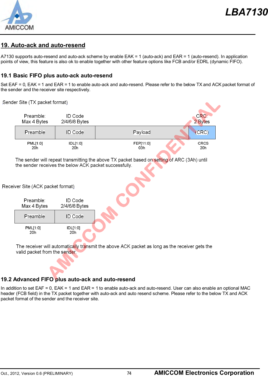 LBA7130Oct., 2012, Version 0.6 (PRELIMINARY)                      74 AMICCOM Electronics Corporation19. Auto-ack and auto-resendA7130 supports auto-resend and auto-ack scheme by enable EAK = 1 (auto-ack) and EAR = 1 (auto-resend). In applicationpoints of view, this feature is also ok to enable together with other feature options like FCB and/or EDRL (dynamic FIFO).19.1 Basic FIFO plus auto-ack auto-resendSet EAF = 0, EAK = 1 and EAR = 1 to enable auto-ack and auto-resend. Please refer to the below TX and ACK packet format ofthe sender and the receiver site respectively.19.2 Advanced FIFO plus auto-ack and auto-resendIn addition to set EAF = 0, EAK = 1 and EAR = 1 to enable auto-ack and auto-resend. User can also enable an optional MACheader (FCB field) in the TX packet together with auto-ack and auto resend scheme. Please refer to the below TX and ACKpacket format of the sender and the receiver site.