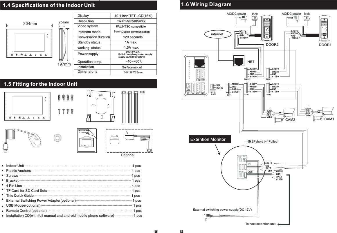 5871.5 Fitting for the Indoor Unit1.6 Wiring Diagram1.4 Specifications of the Indoor UnitMonitoringDown/- Up/+ Unlock Hang upTalkVolume304mm197mmMonitoringDown/- Up/+ Unlock Hang upTalkVolumeMonitoringDown/- Up/+ Unlock Hang upTalkVolumeTo next extention unit VIDEOAUDIODATAGNDDOOR1DOOR2OUTPowerCAM2 CAM1ISPDC12VGND AUDIOVIDEOGNDDC12VAUDIOVIDEOGNDDC12VAUDIOVIDEOGNDDC12VAUDIOVIDEOGNDDC12VGNDSCLSDANETDOOR1DOOR2OUT CAM2 CAM1GNDDC12VVideoGNDGNDDC12VVideoGNDAUDIOVIDEOGNDDC12VAC/DC power  lock AUDIOVIDEOGNDDC12VAC/DC power  lock DOOR1DOOR2CAM2 CAM1internetINOUTExternal switching power supply(DC 12V)2P short pin PulledExtention MonitorVIDEOAUDIODATAGNDVIDEOAUDIODATAGNDDisplayResolution10.1 inch TFT LCD(16:9)1024(H)X3(RGB)X600(V)Conversation durationStandby statusPower supplyOperation temp. Installation Intercom modeworking  status1A max.Surface mount1.5A max.120 seconds Video system PAL/NTSC compatibleDuplex communicationSemi-DC 2V/2A1Built-in switching power supply(apply to AC100V-240V) 304*197*25mmDimensionsOptionalIndoor Unit -------------------------------------------------------------------------------------- 1 pcsPlastic Anchors -------------------------------------------------------------------------------  4 pcsScrews ------------------------------------------------------------------------------------------ 4 pcsBracket ------------------------------------------------------------------------------------------ 1 pcs4 Pin Line --------------------------------------------------------------------------------------- 4 pcsTF Card for SD Card Sets ------------------------------------------------------------------- 1 pcsThis Quick Guide------------------------------------------------------------------------------ 1 pcsExternal Switching Power Adapter(optional)--------------------------------------------- 1 pcsUSB Mouse(optional)-------------------------------------------------------------------------- 1 pcsRemote Control(optional)--------------------------------------------------------------------- 1 pcsInstallation CD(with full manual and android mobile phone software)--------------- 1 pcs