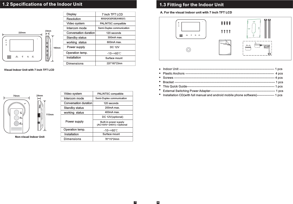 1.2 Specifications of the Indoor UnitVisual Indoor Unit with 7 inch TFT LCDTalkUnlockHang upNon-visual Indoor UnitConversation durationStandby statusPower supplyOperation temp. Installation Intercom modeworking  status200mA max.Surface mount400mA max.120 seconds Video system PAL/NTSC compatibleDuplex communicationSemi-     Built-in power supply(AC100V~240V)--Optional 76*110*24mmDimensionsDC 12V(optional)1.3 Fitting for the Indoor UnitIndoor Unit ---------------------------------------------------------------------------------------- 1 pcsPlastic Anchors ----------------------------------------------------------------------------------  4 pcsScrews --------------------------------------------------------------------------------------------- 4 pcsBracket --------------------------------------------------------------------------------------------- 1 pcsThis Quick Guide--------------------------------------------------------------------------------- 1 pcsExternal Switching Power Adapter------------------------------------------------------------ 1 pcsInstallation CD(with full manual and android mobile phone software)---------------- 1 pcsA. For the visual indoor unit with 7 inch TFT LCD7 876mm 24mm110mmSDMonitoring Unlock Hang upTalk12220mm160mm23mmDisplayResolution7 inch TFT LCD800(H)X3(RGB)X480(V)Conversation durationStandby statusPower supplyOperation temp. Installation Intercom modeworking  status300mA max.Surface mount600mA max.120 seconds Video system PAL/NTSC compatibleDuplex communicationSemi-220*160*23mmDimensionsDC 12VMonitoring Unlock Hang upTalk12OPERATION INSIP Villa Video Intercom SysQuick Guide