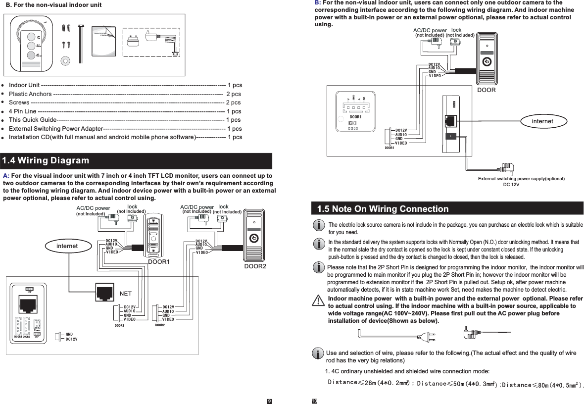 51091.4 Wiring DiagramDOOR1 DOOR2PowerISPDC12VGNDAUDIOVIDEOGNDDC12VAUDIOVIDEOGNDDC12VNETDOOR1 DOOR2AUDIOVIDEOGNDDC12VAC/DC power  lock AUDIOVIDEOGNDDC12VAC/DC power  lock DOOR2DOOR1internetISP(not Included) (not Included) (not Included) (not Included)A: For the visual indoor unit with 7 inch or 4 inch TFT LCD monitor, users can connect up to two outdoor cameras to the corresponding interfaces by their own’s requirement according to the following wiring diagram. And indoor device power with a built-in power or an externalpower optional, please refer to actual control using.B: For the non-visual indoor unit, users can connect only one outdoor camera to the corresponding interface according to the following wiring diagram. And indoor machinepower with a built-in power or an external power optional, please refer to actual control using.AUDIOVIDEOGNDDC12VDOOR1AUDIOVIDEOGNDDC12VDOORAC/DC power  lock (not Included) (not Included)internetExternal switching power supply(optional)DC 12VDOOR1VGNDADCB. For the non-visual indoor unitIndoor Unit -------------------------------------------------------------------------------------- 1 pcs4 Pin Line --------------------------------------------------------------------------------------- 1 pcsThis Quick Guide------------------------------------------------------------------------------ 1 pcsExternal Switching Power Adapter--------------------------------------------------------- 1 pcsInstallation CD(with full manual and android mobile phone software)-------------- 1 pcsPlastic Anchors -------------------------------------------------------------------------------  2 pcsScrews ------------------------------------------------------------------------------------------ 2 pcs1.5 Note On Wiring ConnectionThe electric lock source camera is not include in the package, you can purchase an electric lock which is suitablefor you need.In the standard delivery the system supports locks with Normally Open (N.O.) door unlocking method. It means that in the normal state the dry contact is opened so the lock is kept under constant closed state. If the unlocking push-button is pressed and the dry contact is changed to closed, then the lock is released.Indoor machine power  with a built-in power and the external power  optional. Please refer to actual control using. If the indoor machine with a built-in power source, applicable to wide voltage range(AC 100V~240V). Please first pull out the AC power plug before installation of device(Shown as below).Please note that the 2P Short Pin is designed for programming the indoor monitor,  the indoor monitor will be programmed to main monitor if you plug the 2P Short Pin in; however the indoor monitor will be programmed to extension monitor if the  2P Short Pin is pulled out. Setup ok, after power machine automatically detects, if it is in state machine work Set, need makes the machine to detect electric.Use and selection of wire, please refer to the following.(The actual effect and the quality of wire rod has the very big relations)1. 4C ordinary unshielded and shielded wire connection mode:Distance≤28m(4*0.2mm); 2Distance≤50m(4*0.3mm2);Distance≤80m(4*0.5mm ).2TalkUnlockHang upOPERATION INSIP Villa Video Intercom SysQuick Guide