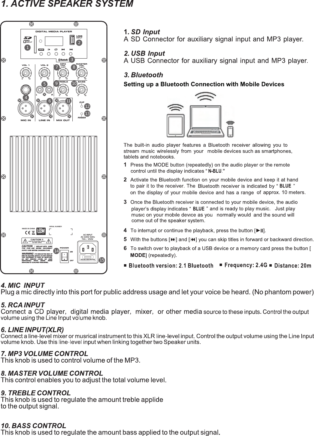 BluetoothDIGITAL MEDIA PLAYERVOL 1MIC IN LINE IN MIX OUT010VOL 2010TREBLE BASSMASTERVOLCLIPPOWERRLPOWERONOFFAC INPUTAC 220V 50HzT2A / 250V RISK OF ELECTRIC SHOCKDO NOT OPENCAUTION !!CAUTION : REPLACE WITH  SAME TYPE FUSE AND RATING. DISCONNECT SUPPLY CORD BEFORE CHANGING FUSE.WARNING : TO REDUCE THE RISK OF FIRE OR ELECTRIC SHOCK. DO NOT EXPOSE THIS EQUIPMENT TO RAIN OR MOISTURE.  DO NOT REMOVE COVER. NO USER SERVICEABLE PARTS INSIDE. REFER SERVICING TO QUALIFIED PERSONNEL.MADE IN CHINASERIAL NUMBER010MP3VOL010010010MODEINPUTUSBSDINPUTUSE ONLY WITH 250V FUSE123456789 1011 12131415