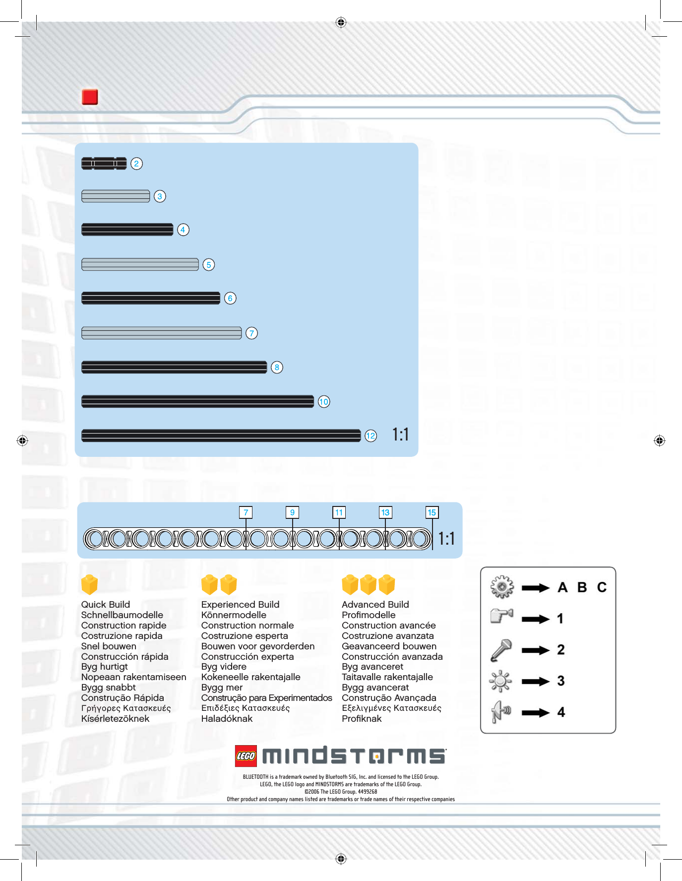 1:11:1Advanced BuildProﬁ modelleConstruction avancéeCostruzione avanzataGeavanceerd bouwenConstrucción avanzada Byg avanceretTaitavalle rakentajalleBygg avanceratConstrução AvançadaProﬁ knakQuick BuildSchnellbaumodelleConstruction rapideCostruzione rapidaSnel bouwenConstrucción rápidaByg hurtigtNopeaan rakentamiseenBygg snabbtConstrução RápidaKísérletezöknekExperienced BuildKönnermodelleConstruction normaleCostruzione espertaBouwen voor gevorderdenConstrucción expertaByg videreKokeneelle rakentajalleBygg merConstrução para ExperimentadosHaladóknakBLUETOOTH is a trademark owned by Bluetooth SIG, Inc. and licensed to the LEGO Group.LEGO, the LEGO logo and MINDSTORMS are trademarks of the LEGO Group.©2006 The LEGO Group. 4499268Other product and company names listed are trademarks or trade names of their respective companies