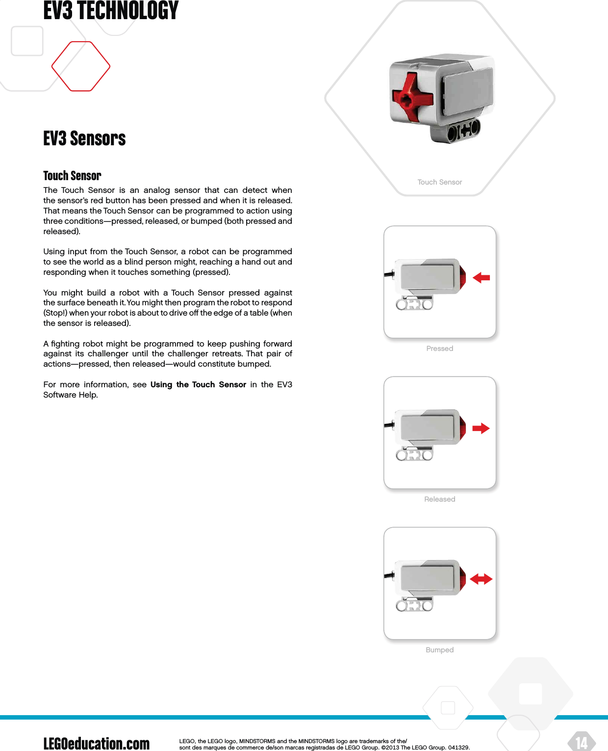 LEGOeducation.com 14LEGOtheLEGOlogoMINDSTORMSandtheMINDSTORMSlogoaretrademarksofthe/ sontdesmarquesdecommercede/sonmarcasregistradasdeLEGOGroup©TheLEGOGroupEV3 TECHNOLOGYTouch SensorThe Touch Sensor is an analog sensor that can detect when thesensor’s red button has been pressed and when it is released. That means the Touch Sensor can be programmed to action using three conditions—pressed, released, or bumped (both pressed and released).Using input from the Touch Sensor, a robot can be programmed to see the world as a blind person might, reaching a hand out and responding when it touches something (pressed).You might build a robot with a Touch Sensor pressed against thesurface beneath it. You might then program the robot to respond (Stop!) when your robot is about to drive oﬀ the edge of a table (when the sensor is released).A ﬁghting robot might be programmed to keep pushing forward against its challenger until the challenger retreats. That pair of actions—pressed, then released—would constitute bumped.For more information, see Using the Touch Sensor in the EV3 Software Help.EV3 SensorsTouch SensorReleasedBumpedPressed