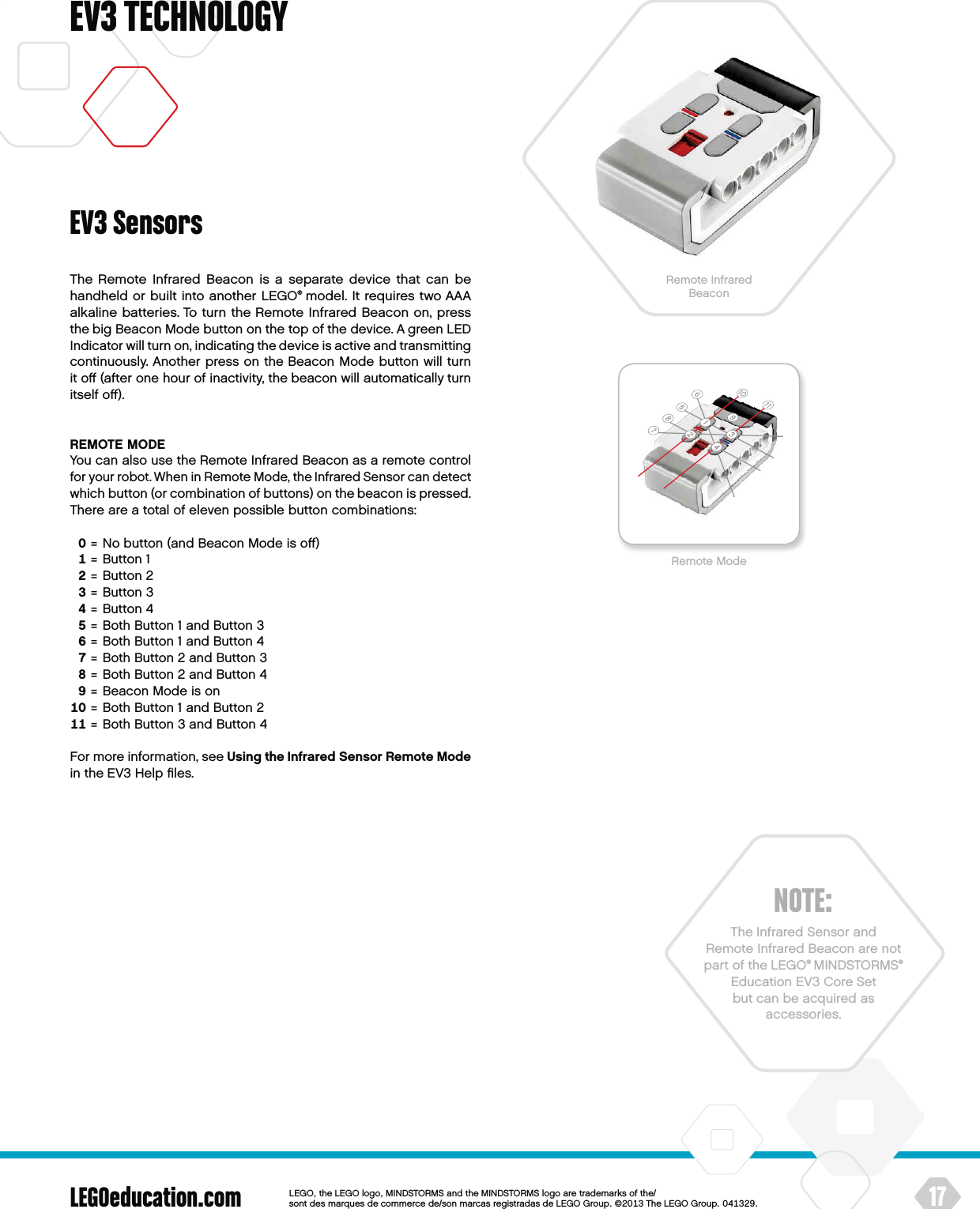 LEGOeducation.com 17LEGOtheLEGOlogoMINDSTORMSandtheMINDSTORMSlogoaretrademarksofthe/ sontdesmarquesdecommercede/sonmarcasregistradasdeLEGOGroup©TheLEGOGroupEV3 TECHNOLOGYThe Remote Infrared Beacon is a separate device that can be handheld or built into another LEGO® model. It requires two AAA alkaline batteries. To turn the Remote Infrared Beacon on, press the big Beacon Mode button on the top of the device. A green LED Indicator will turn on, indicating the device is active and transmitting continuously. Another press on the Beacon Mode button will turn it oﬀ (after one hour of inactivity, the beacon will automatically turn itself oﬀ).REMOTE MODEYou can also use the Remote Infrared Beacon as a remote control for your robot. When in Remote Mode, the Infrared Sensor can detect which button (or combination of buttons) on the beacon is pressed. There are a total of eleven possible button combinations:  =  No button (and Beacon Mode is oﬀ)  = Button 1  = Button 2  = Button 3  = Button 4  =  Both Button 1 and Button 3  =  Both Button 1 and Button 4  =  Both Button 2 and Button 3  =  Both Button 2 and Button 4  =  Beacon Mode is on  = Both Button 1 and Button 2  = Both Button 3 and Button 4For more information, see Using the Infrared Sensor Remote Mode in the EV3 Help ﬁles.EV3 SensorsNOTE:The Infrared Sensor and Remote Infrared Beacon are not part of theLEGO® MINDSTORMS® Education EV3 Core Set but can be acquired as accessories.Remote ModeRemote Infrared  Beacon