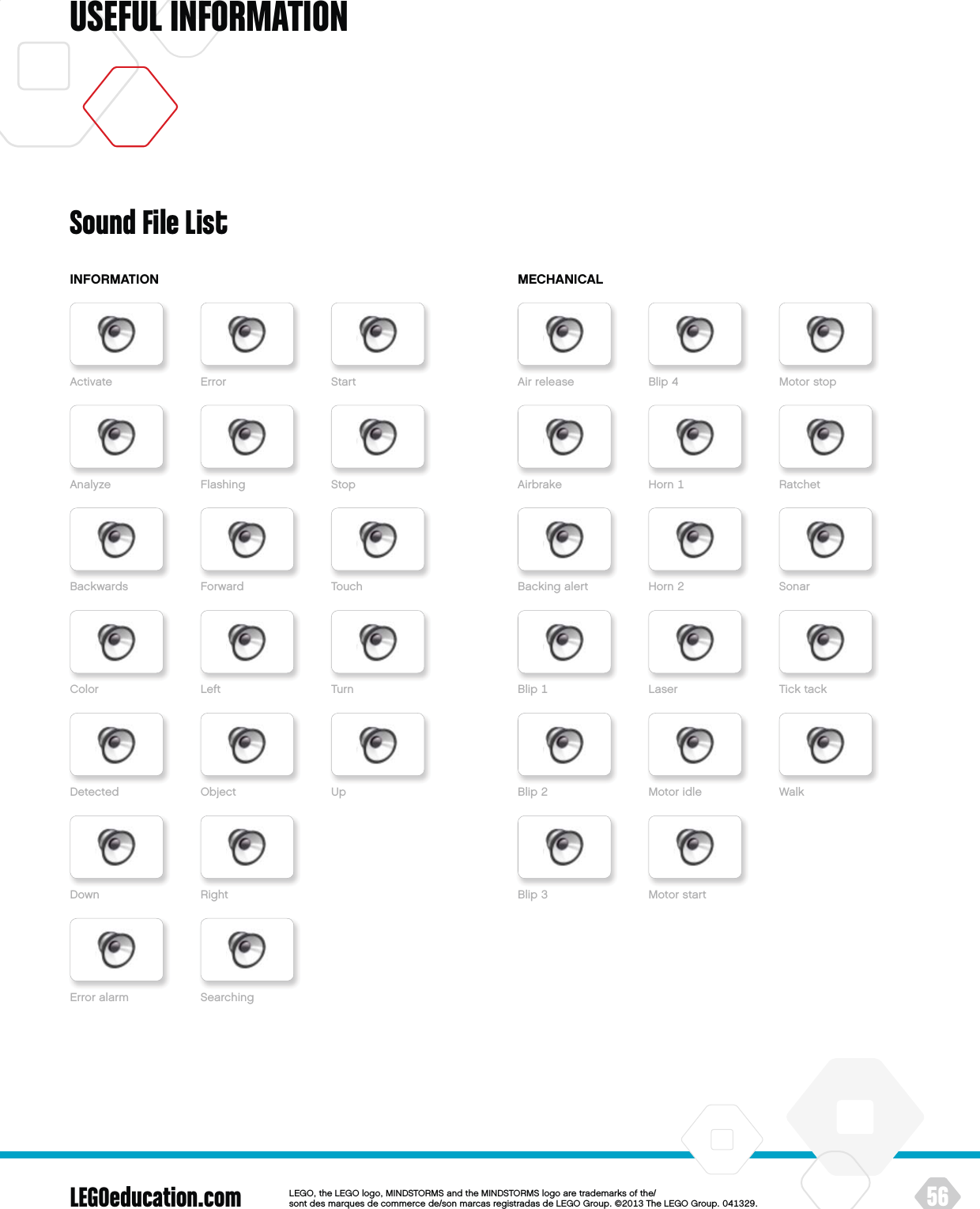 LEGOeducation.com 56LEGOtheLEGOlogoMINDSTORMSandtheMINDSTORMSlogoaretrademarksofthe/ sontdesmarquesdecommercede/sonmarcasregistradasdeLEGOGroup©TheLEGOGroupUSEFUL INFORMATIONSound File ListINFORMATION MECHANICALActivate AirreleaseAnalyze AirbrakeBackwards BackingalertColor BlipDetectedDownErroralarmBlipBlipError BlipFlashing HornForward HornLeft Turn LaserObject UpRightSearchingMotoridleMotorstartStart MotorstopStop RatchetTouch SonarTicktackWalk