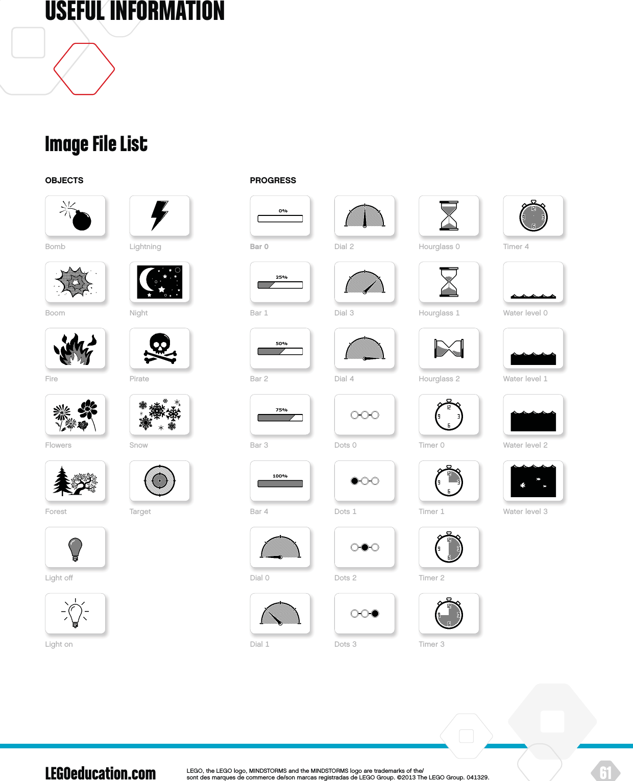 PROGRESSLEGOeducation.com 61LEGOtheLEGOlogoMINDSTORMSandtheMINDSTORMSlogoaretrademarksofthe/ sontdesmarquesdecommercede/sonmarcasregistradasdeLEGOGroup©TheLEGOGroupUSEFUL INFORMATIONImage File ListDialBarDialBarDialBarDotsBarDotsBarDotsDialDotsDial TimerHourglass TimerHourglass WaterlevelHourglass WaterlevelTimer WaterlevelTimer WaterlevelTimerOBJECTSBombBoomFireFlowersForestLightoﬀLightonLightningNightPirateSnowTarget