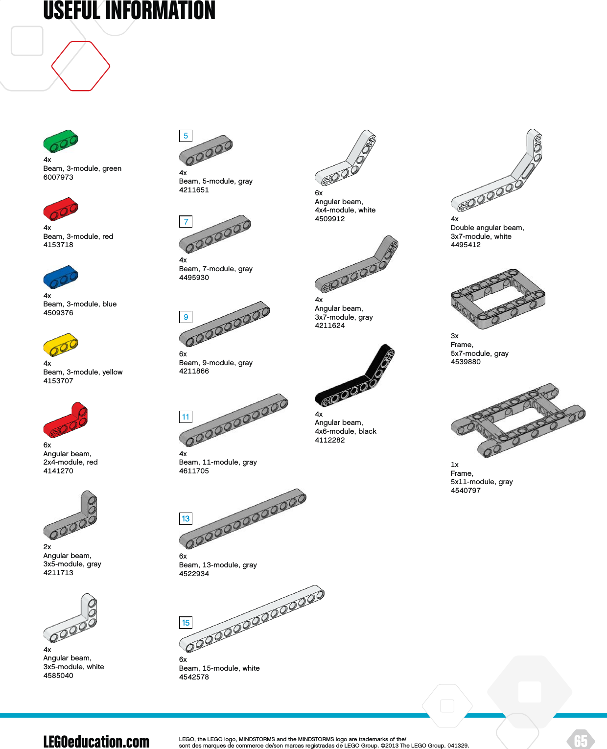 LEGOeducation.com 65LEGOtheLEGOlogoMINDSTORMSandtheMINDSTORMSlogoaretrademarksofthe/ sontdesmarquesdecommercede/sonmarcasregistradasdeLEGOGroup©TheLEGOGroupUSEFUL INFORMATIONxAngularbeam x-moduleblackxAngularbeam x-modulewhitexAngularbeam x-modulewhite xDoubleangularbeam x-modulewhitexBeam-moduleredxAngularbeam x-moduleredxBeam-modulebluexBeam-moduleyellowxBeam-modulewhitexBeam-modulegreenxFrame x-modulegrayxFrame x-modulegrayxAngularbeam x-modulegrayxBeam-modulegrayxAngularbeam x-modulegrayxBeam-modulegrayxBeam-modulegrayxBeam-modulegrayxBeam-modulegray