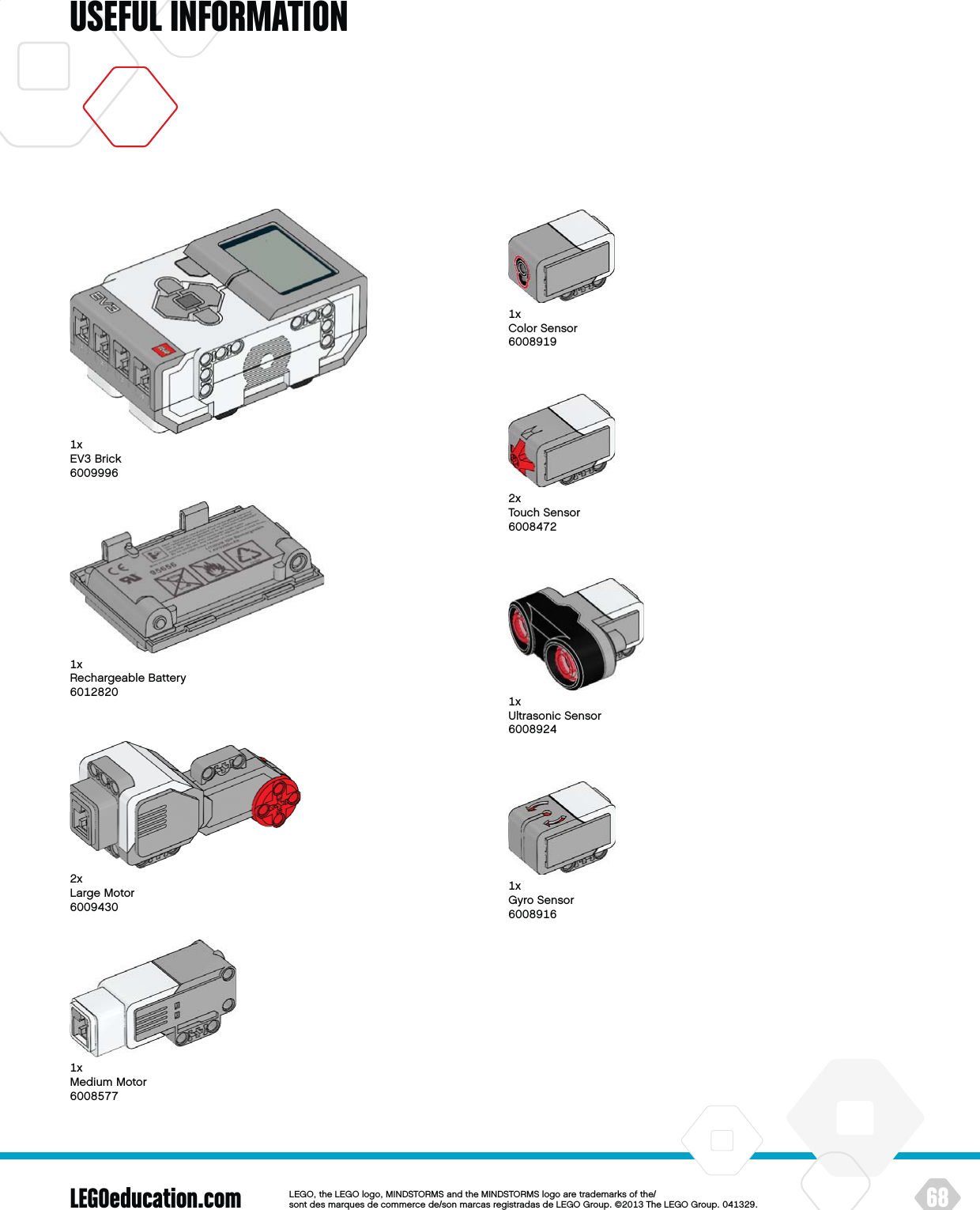 LEGOeducation.com 68LEGOtheLEGOlogoMINDSTORMSandtheMINDSTORMSlogoaretrademarksofthe/ sontdesmarquesdecommercede/sonmarcasregistradasdeLEGOGroup©TheLEGOGroupUSEFUL INFORMATIONxGyroSensorxUltrasonicSensorxColorSensorxTouchSensorxMediumMotorxRechargeableBatteryxLargeMotorxEVBrick