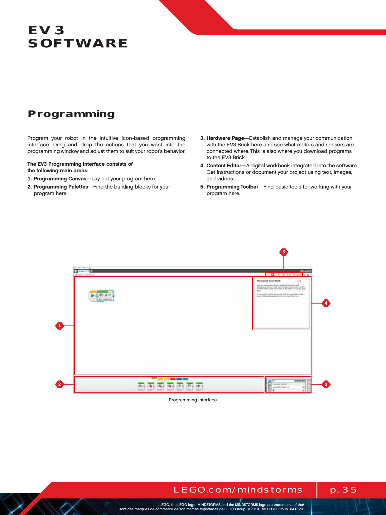 p. 35LEGO.com/mindstormsLEGOtheLEGOlogoMINDSTORMSandtheMINDSTORMSlogoaretrademarksofthe/ sontdesmarquesdecommercede/sonmarcasregistradasdeLEGOGroup©TheLEGOGroupEV3  SOFTWAREProgram your robot in the intuitive icon-based programming interface. Drag and drop the actions that you want into the programming window and adjust them to suit your robot’s behavior.The EV3 Programming interface consists of  the following main areas:   Programming Canvas—Lay out your program here.   Programming Palettes—Find the building blocks for your program here.   Hardware Page—Establish and manage your communication with theEV3 Brick here and see what motors and sensors are connected where. This is also where you download programs  to the EV3 Brick.   Content Editor—A digital workbook integrated into the software. Get instructions or document your project using text, images, and videos.   Programming Toolbar—Find basic tools for working with your program here.ProgrammingProgramming interface