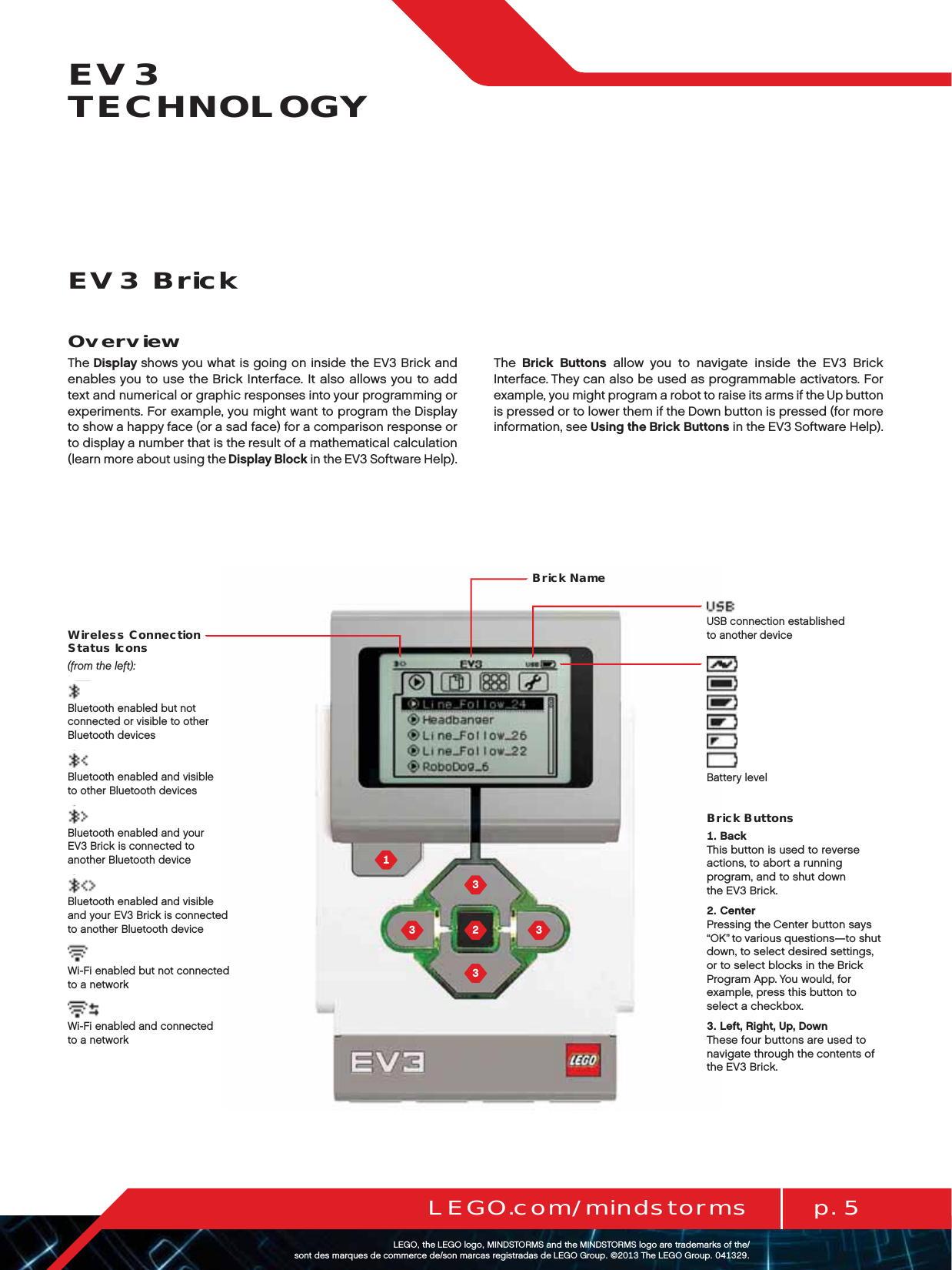  p. 5LEGO.com/mindstormsLEGOtheLEGOlogoMINDSTORMSandtheMINDSTORMSlogoaretrademarksofthe/ sontdesmarquesdecommercede/sonmarcasregistradasdeLEGOGroup©TheLEGOGroupEV3 TECHNOLOGYEV3 BrickOverviewThe Display shows you what is going on inside the EV3 Brick and enables you to use the Brick Interface. It also allows you to add text and numerical or graphic responses into your programming or experiments. For example, you might want to program the Display to show a happy face (or a sad face) for a comparison response or to display a number that is the result of a mathematical calculation (learn more about using the Display Block in the EV3 Software Help).The  Brick Buttons allow you to navigate inside the EV3 Brick Interface. They can also be used as programmable activators. For example, you might program a robot to raise its arms if the Up button is pressed or to lower them if the Down button is pressed (for more information, see Using the Brick Buttons in the EV3 Software Help).Wireless Connection Status Icons(from the left):Bluetooth enabled but not connected or visible to other Bluetooth devicesBluetooth enabled and visible  to other Bluetooth devicesBluetooth enabled and your  EV3 Brick is connected to  another Bluetooth deviceBluetooth enabled and visible  and your EV3 Brick is connected  to another Bluetooth deviceWi-Fi enabled but not connected  to a networkWi-Fi enabled and connected  to a networkBattery levelUSB connection established  to another deviceBrick Buttons BackThis button is used to reverse actions, to abort a running program, and to shut down theEV3 Brick. CenterPressing the Center button says “OK” to various questions—to shut down, to select desired settings, or to select blocks in theBrick Program App. You would, for example, press this button to select a checkbox. Left, Right, Up, DownThese four buttons are used to navigate through the contents of the EV3 Brick.Brick Name