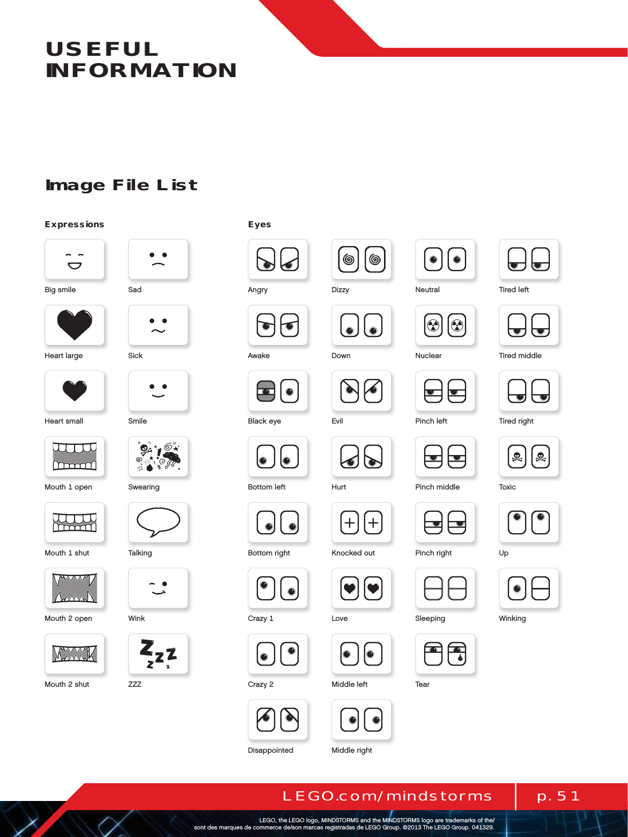 p. 51LEGO.com/mindstormsLEGOtheLEGOlogoMINDSTORMSandtheMINDSTORMSlogoaretrademarksofthe/ sontdesmarquesdecommercede/sonmarcasregistradasdeLEGOGroup©TheLEGOGroupUSEFUL INFORMATIONImage File ListExpressionsBigsmileHeartlargeHeartsmallMouthopenMouthshutMouthopenMouthshut ZZZSadSickSmileSwearingTalkingWinkDisappointedAngry DizzyAwake DownBlackeye EvilBottomleft HurtBottomright KnockedoutCrazy LoveCrazyUpSleepingPinchrightTearMiddleleftWinkingMiddlerightTiredleftNeutralTiredmiddleNuclearTiredrightPinchleftToxicPinchmiddleEyes