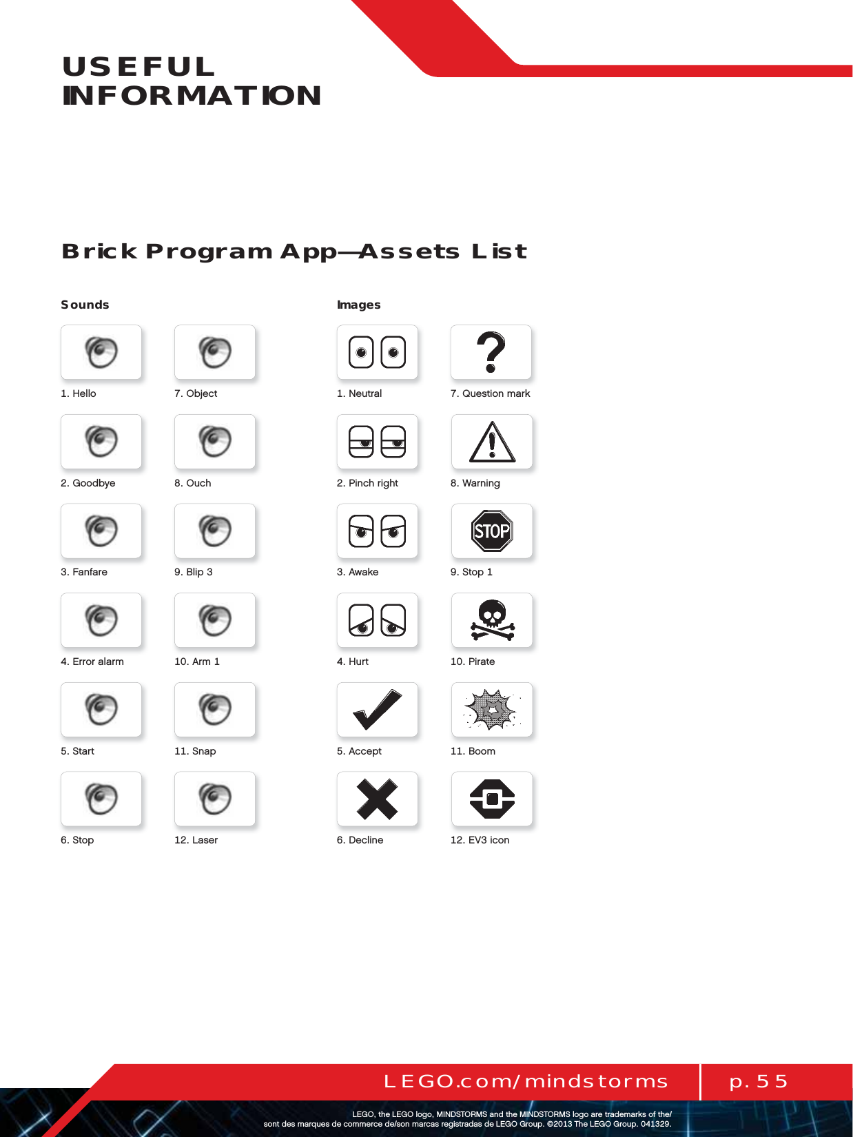 p. 55LEGO.com/mindstormsLEGOtheLEGOlogoMINDSTORMSandtheMINDSTORMSlogoaretrademarksofthe/ sontdesmarquesdecommercede/sonmarcasregistradasdeLEGOGroup©TheLEGOGroupUSEFUL INFORMATIONImagesAcceptPinchrightPirateNeutralHurtDeclineQuestionmarkAwakeWarningStopBoomEViconBrick Program App—Assets ListSoundsHelloFanfareStartGoodbyeErroralarmStopObjectBlipSnapOuchArmLaser