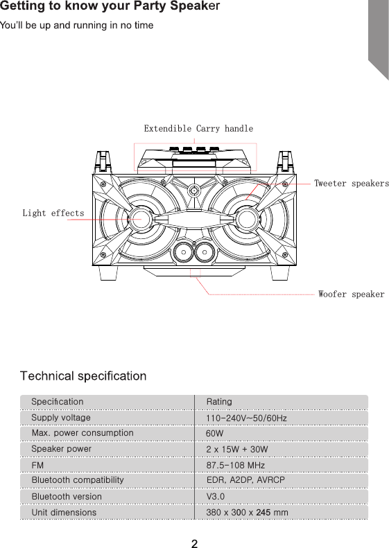 Speciﬁcation RatingSupply voltage 110-240V~50/60HzMax. power consumption 60WSpeaker power 2 x 15W + 30WFM 87.5-108 MHzBluetooth compatibility EDR, A2DP, AVRCPBluetooth version V3.0Unit dimensions 380 x 300 x 245 mmExtendible Carry handleTweeter speakersLight effects Woofer speaker2