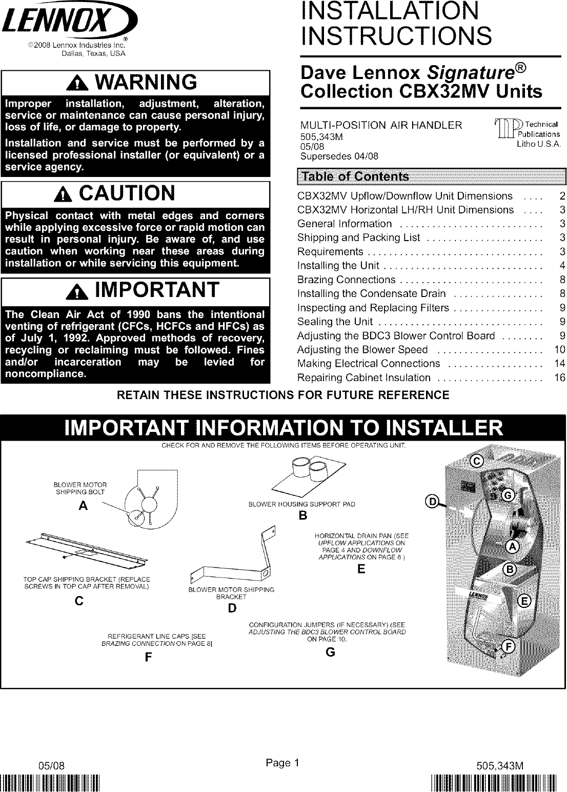 LENNOX Air Handler (indoor Blower&evap) Manual L0805356