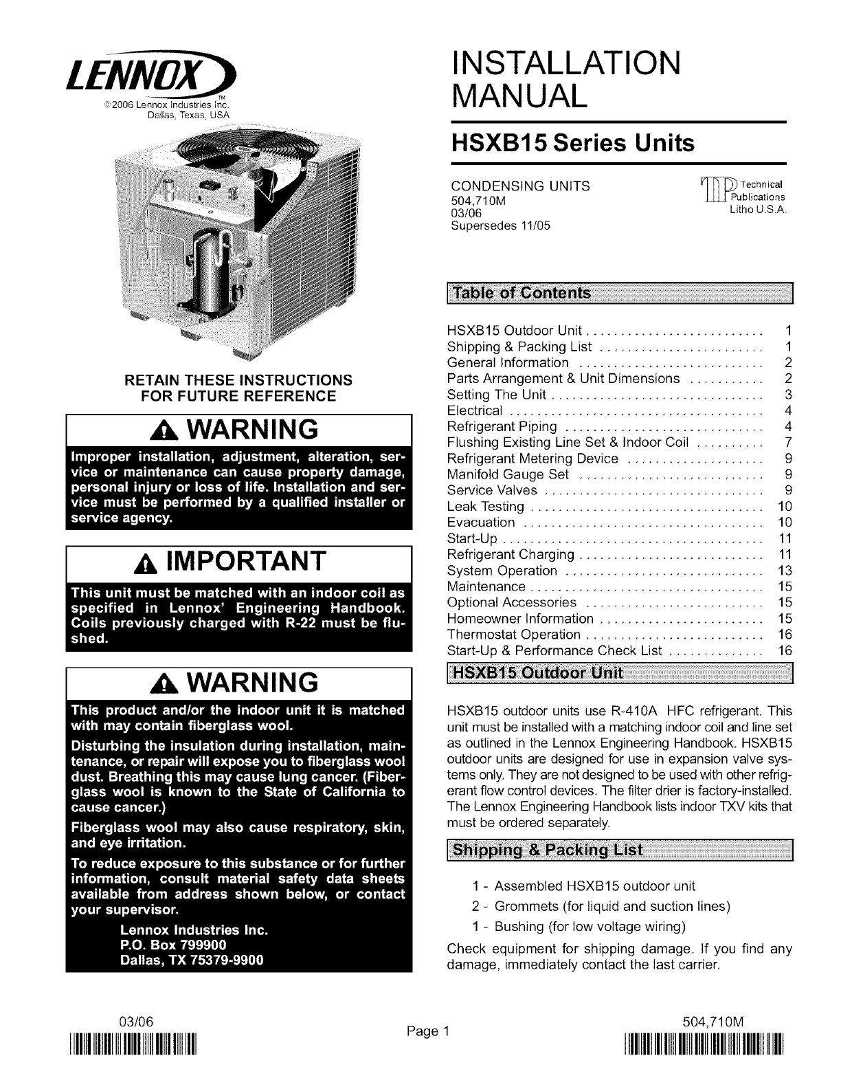 LENNOX Air Conditioner/heat Pump(outside Unit) Manual L0805502