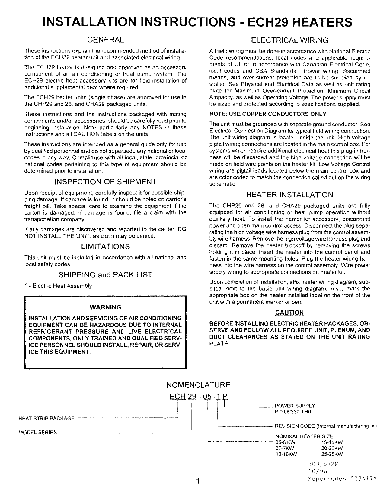 LENNOX Air Handler Auxiliary Heater Kit Manual L0805585