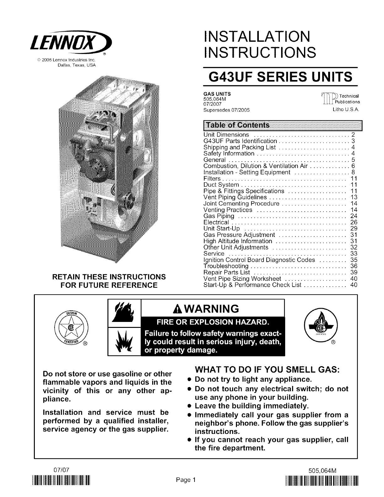 LENNOX Furnace/Heater, Gas Manual L0806156